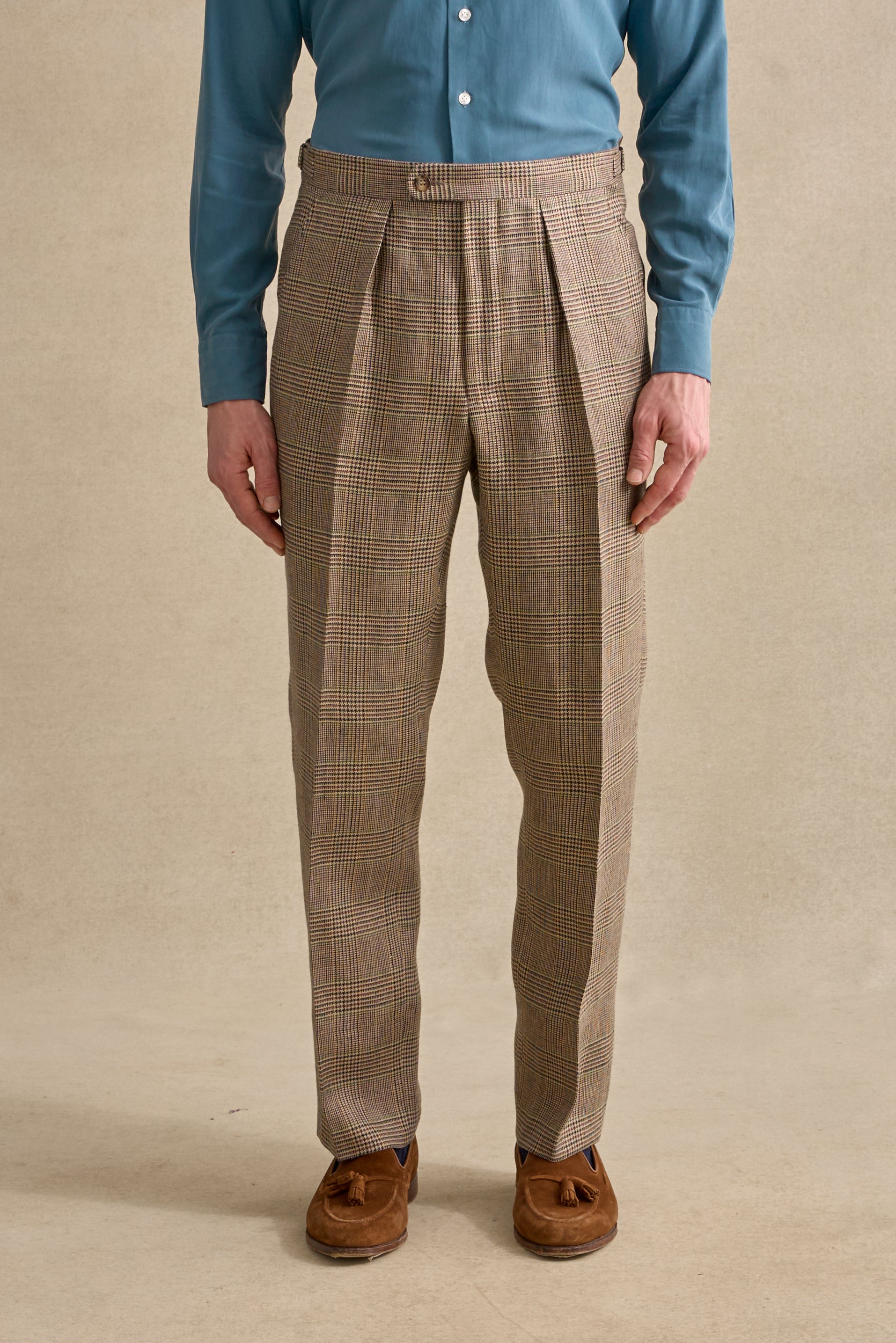 Brown & Blue Prince of Wales Single Pleat Trousers