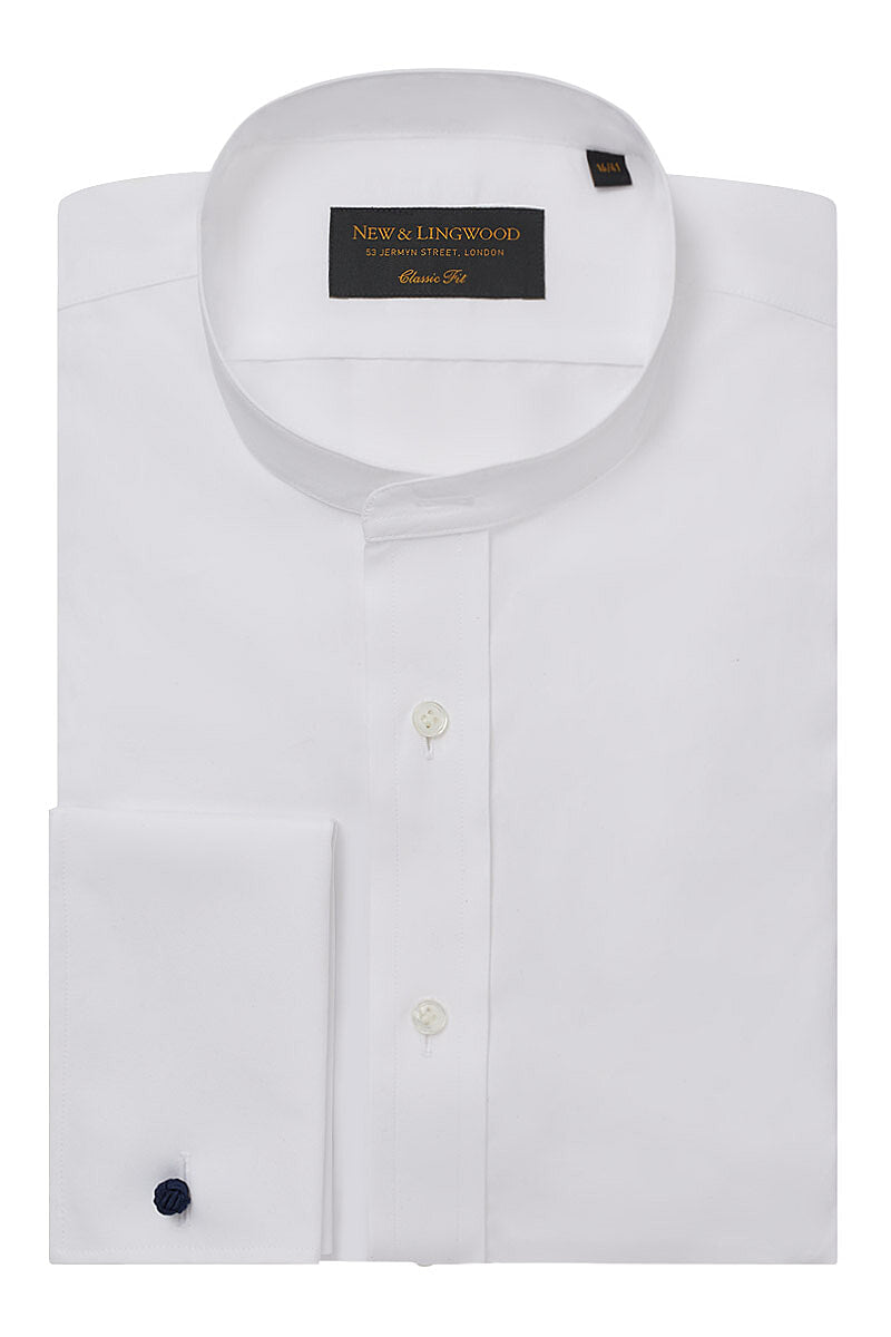 White Classic Fit Neckband Poplin Shirt