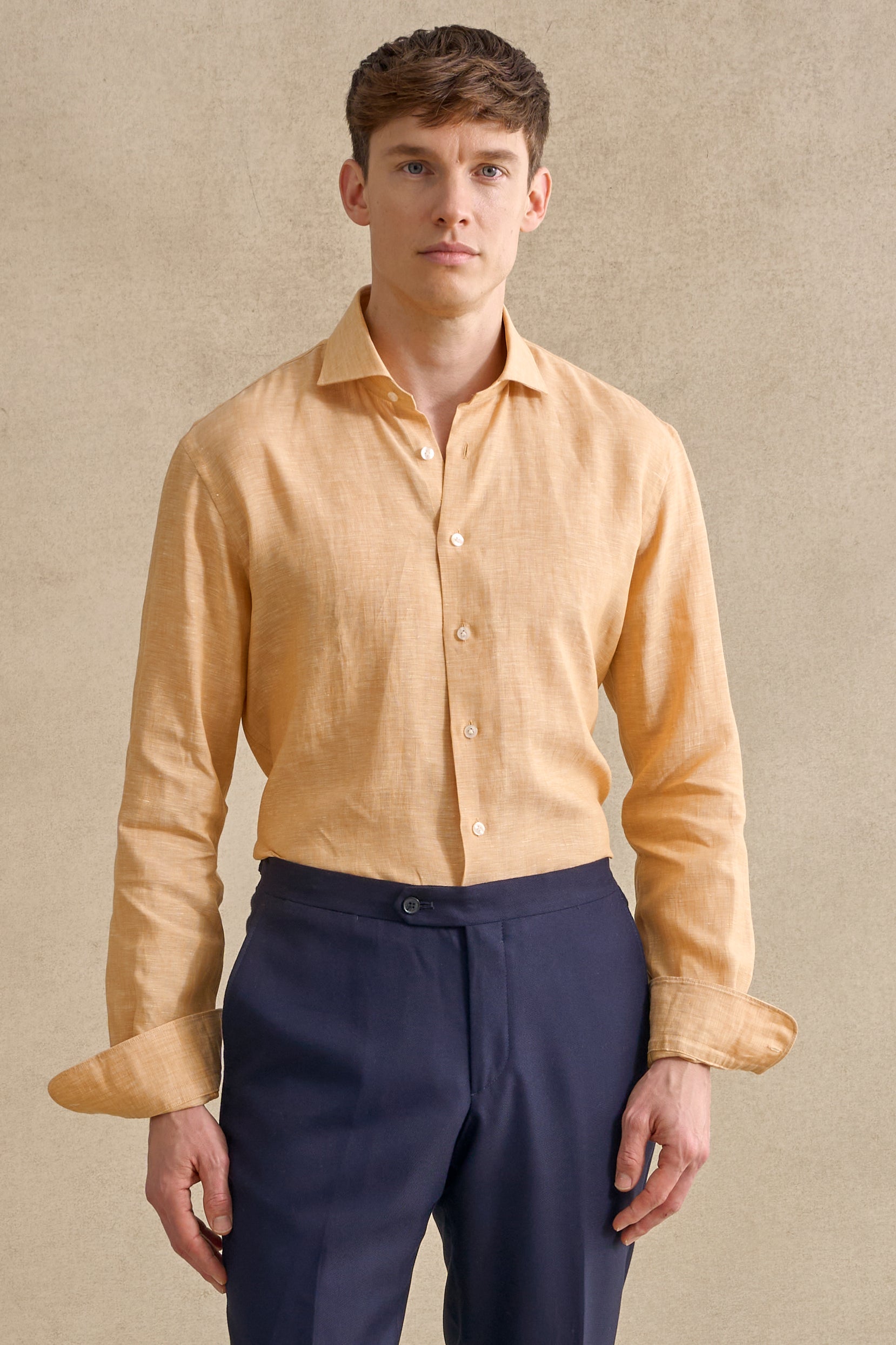 Yellow Cutaway Collar Standard Fit Linen Shirt
