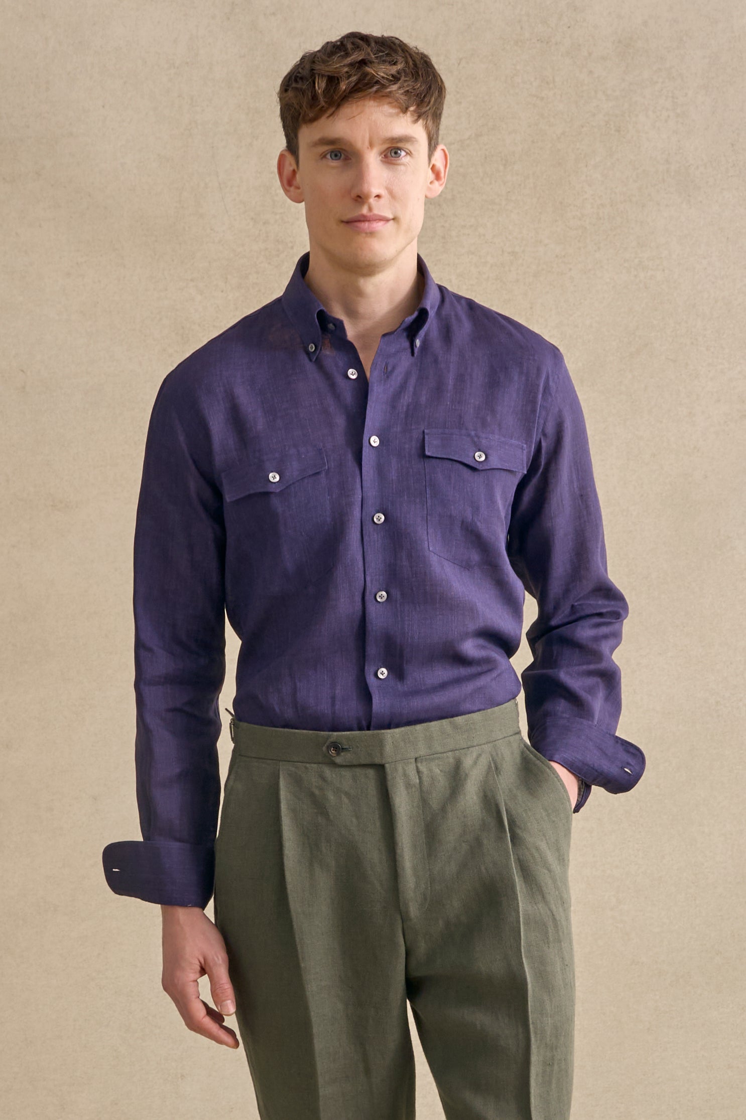 Mens Dual Pocket Checked Shirt in Dark Sapphire Navy