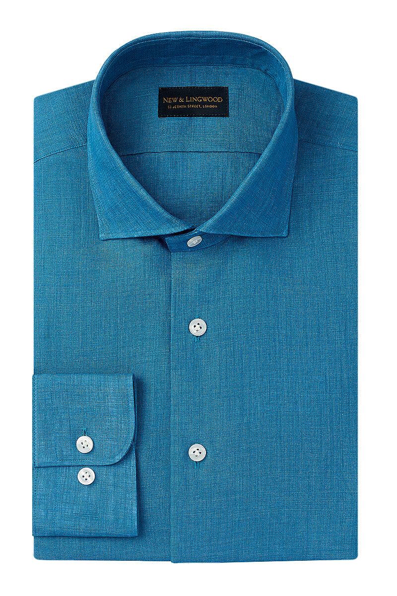 Teal Cutaway Collar Standard Fit Linen Shirt