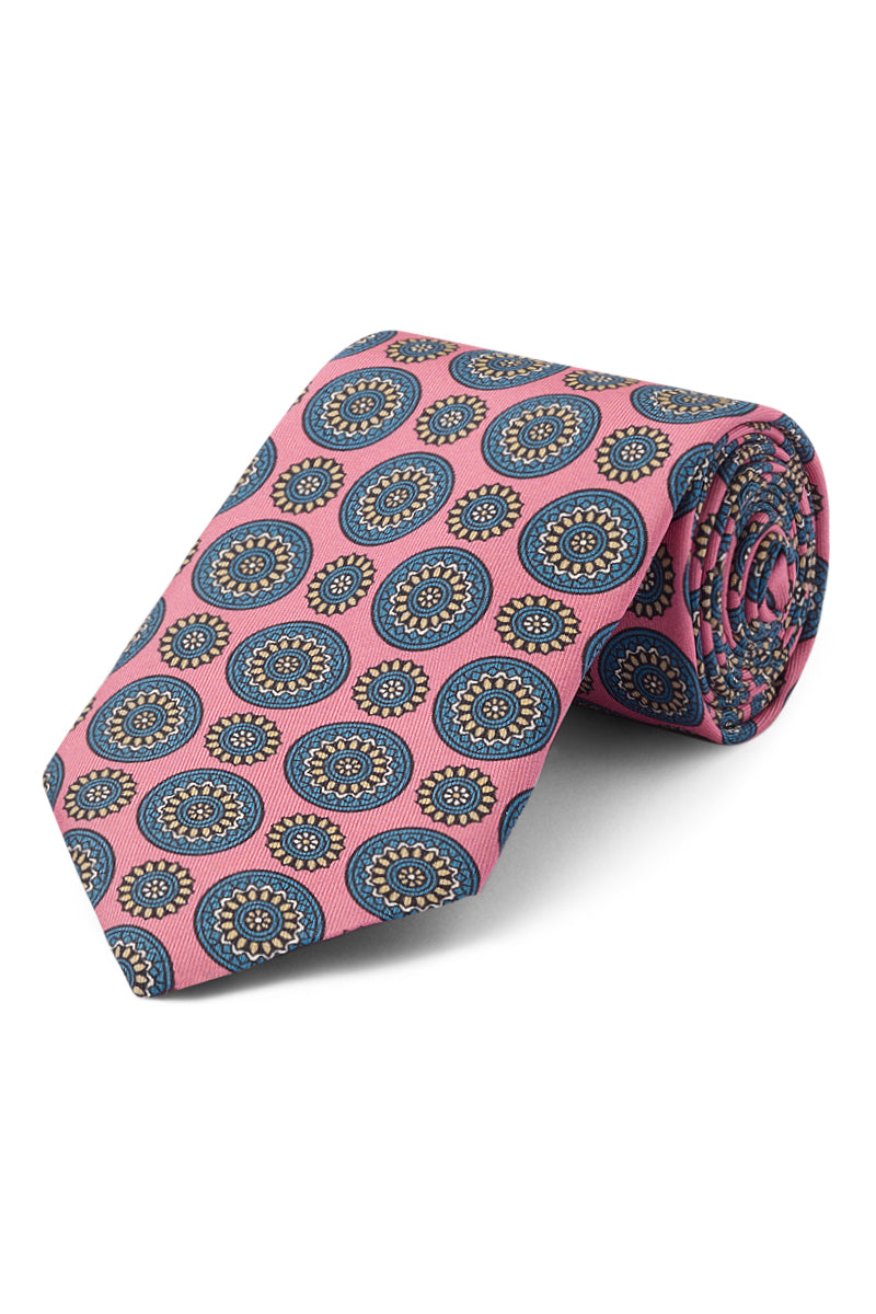 Pink Floral Medallion Print Silk Tie