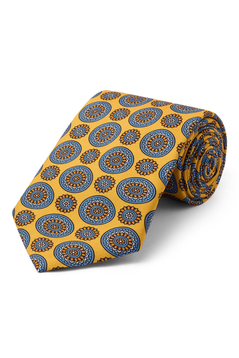 Yellow Floral Medallion Print Silk Tie