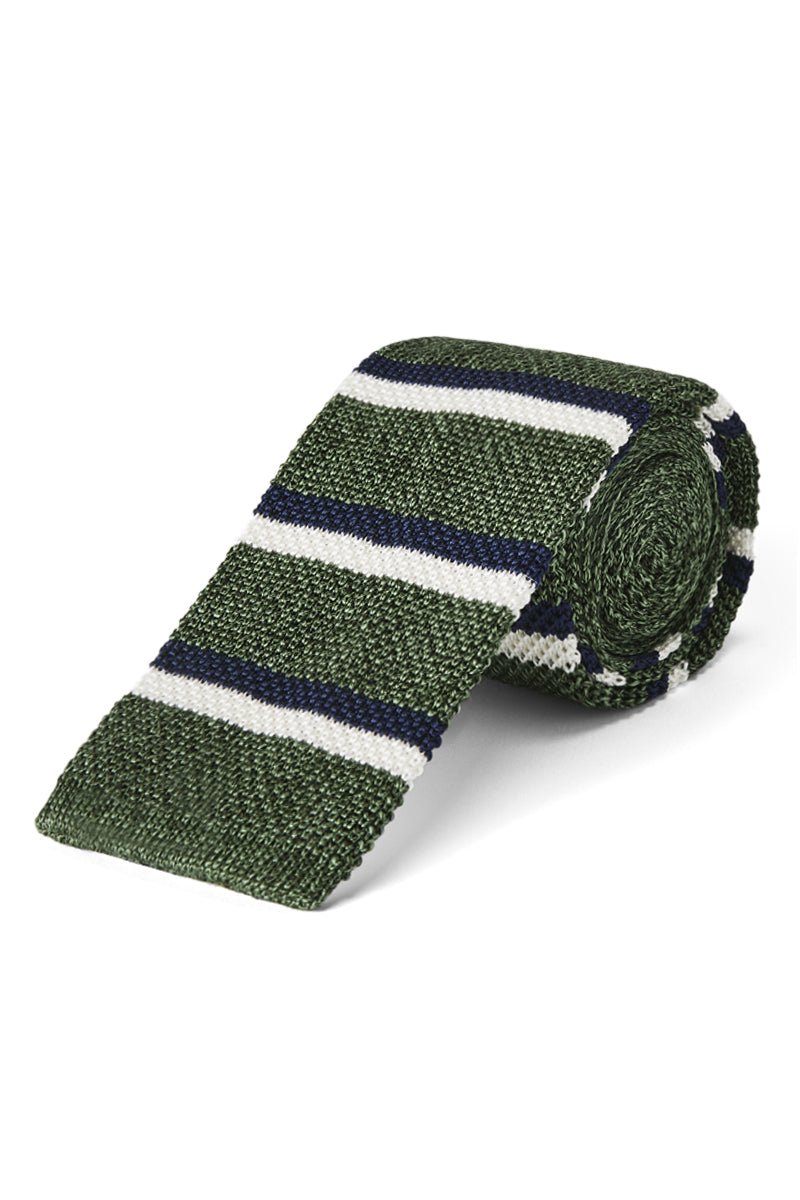 Green & Cream Stripe Knitted Silk Tie
