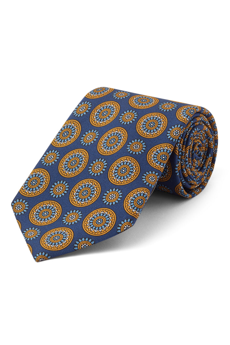 Navy Floral Medallion Print Silk Tie
