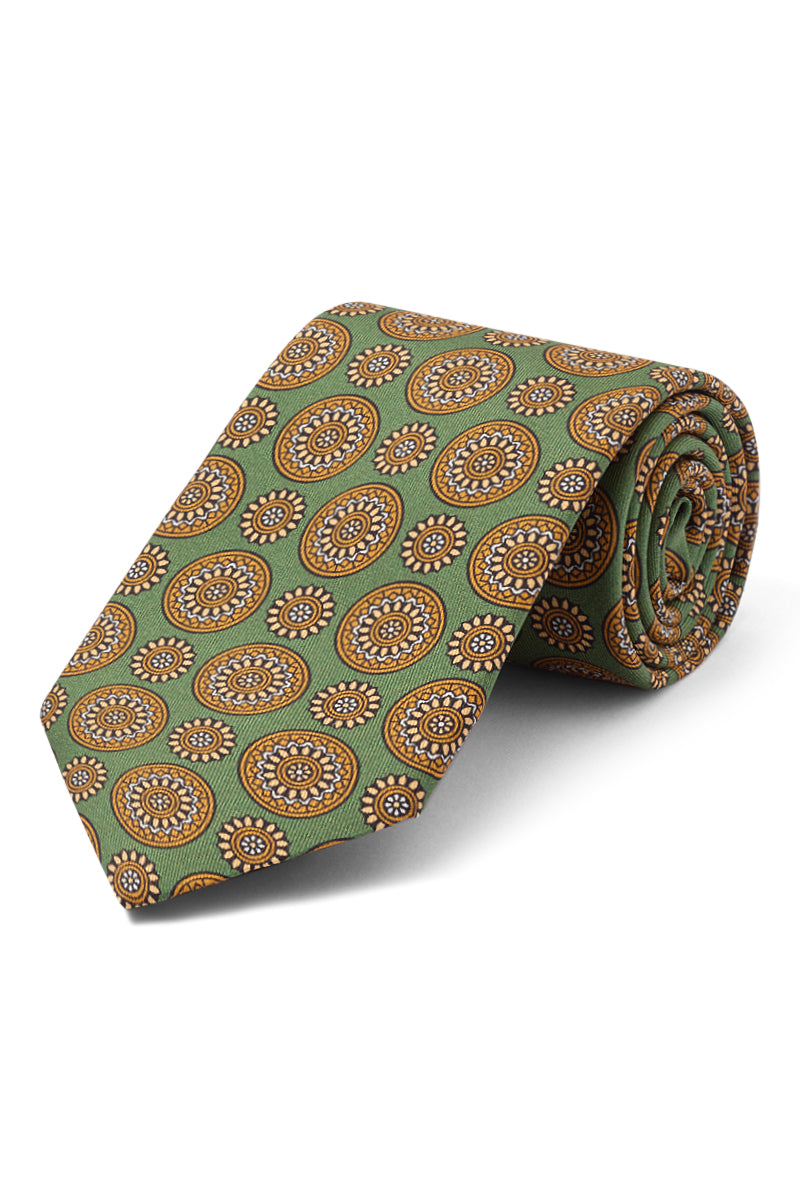 Green Floral Medallion Print Silk Tie