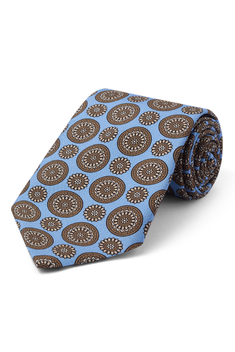Sky Floral Medallion Print Silk Tie