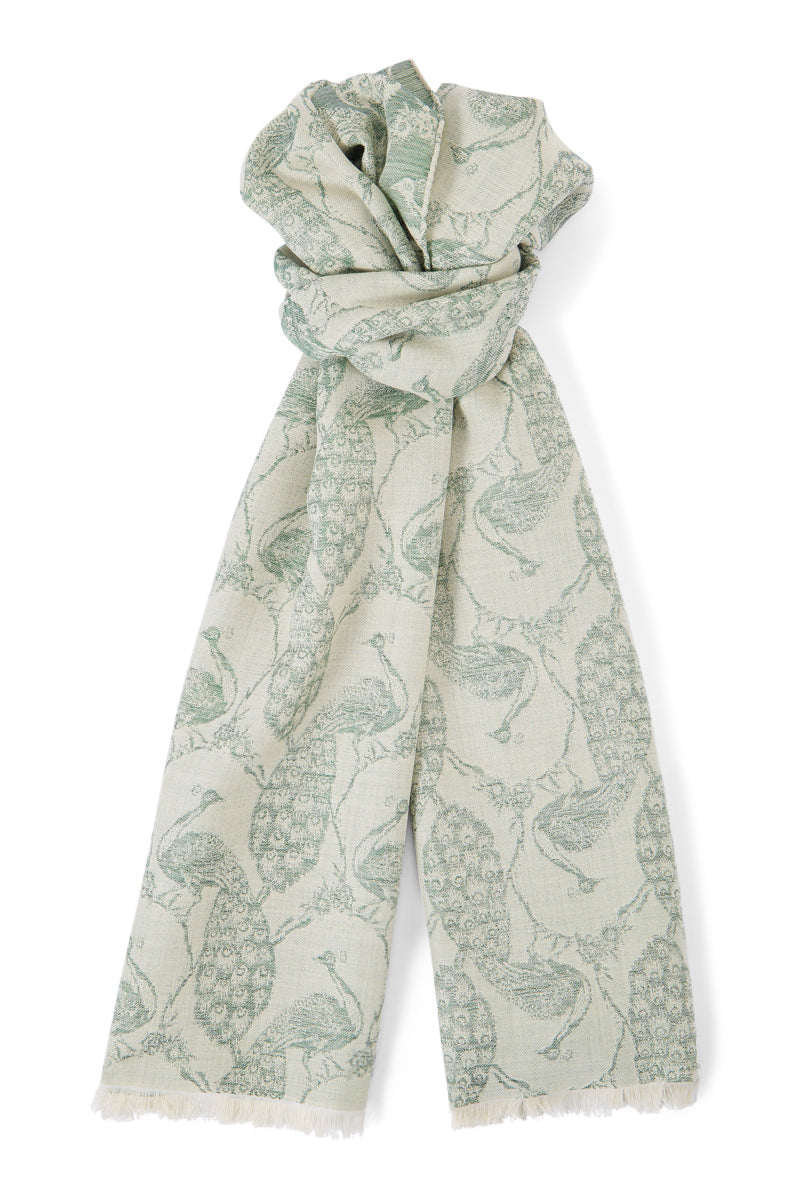 Cream & Green Peacock Wool & Silk Pashmina
