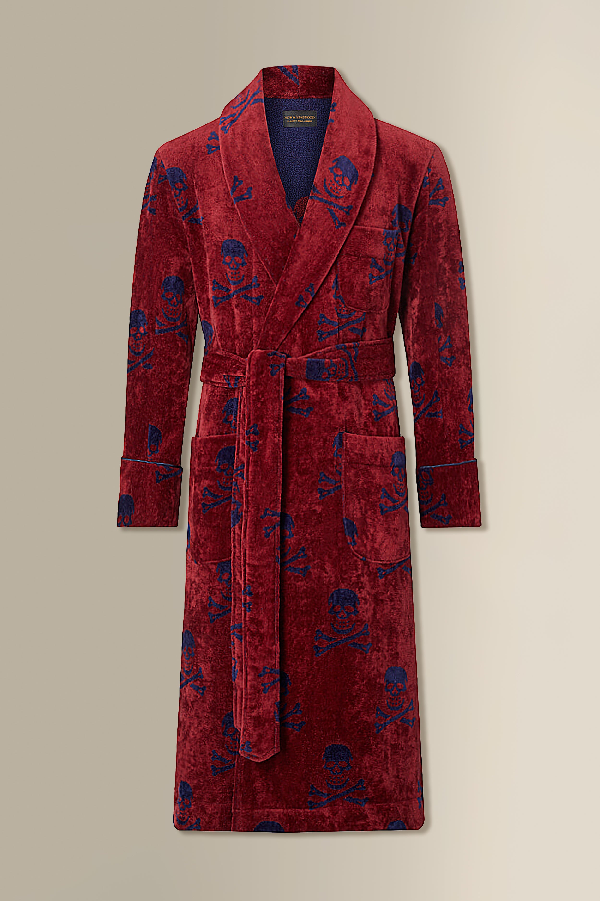 New & Lingwood Burgundy & Navy Skull & Crossbones Towelling Bathrobe New & Lingwood Burgundy & Navy Skull & Crossbones Towelling Bathrobe