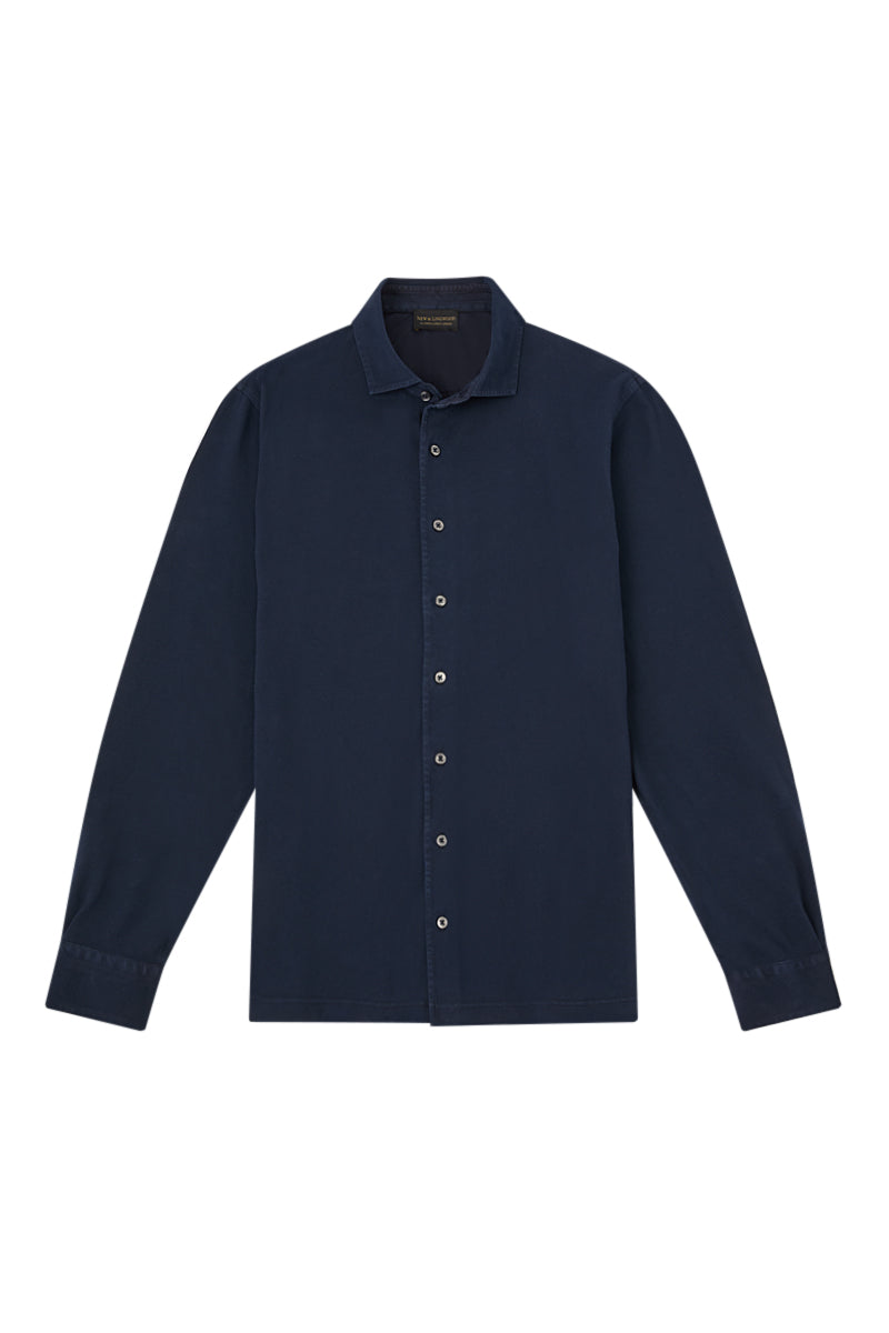 Navy Long Sleeve Piqué Cotton Shirt