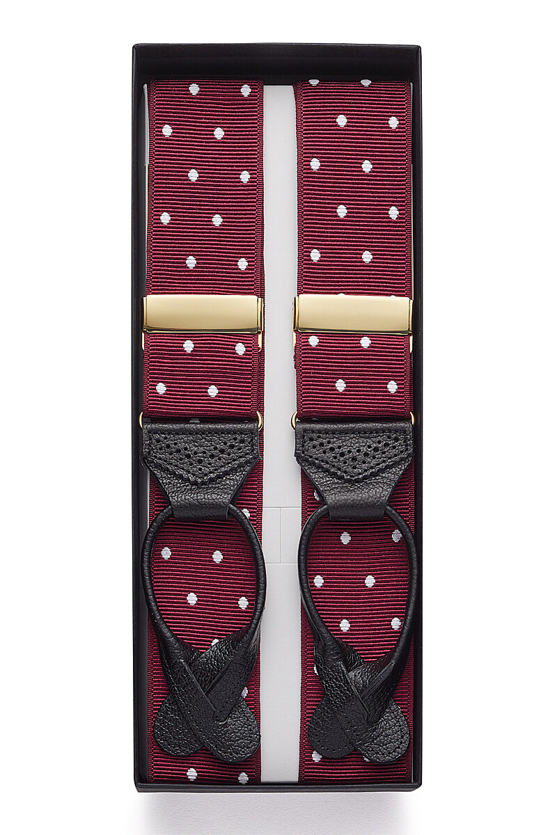 Burgundy & White Spot Barathea Black Leather End Braces