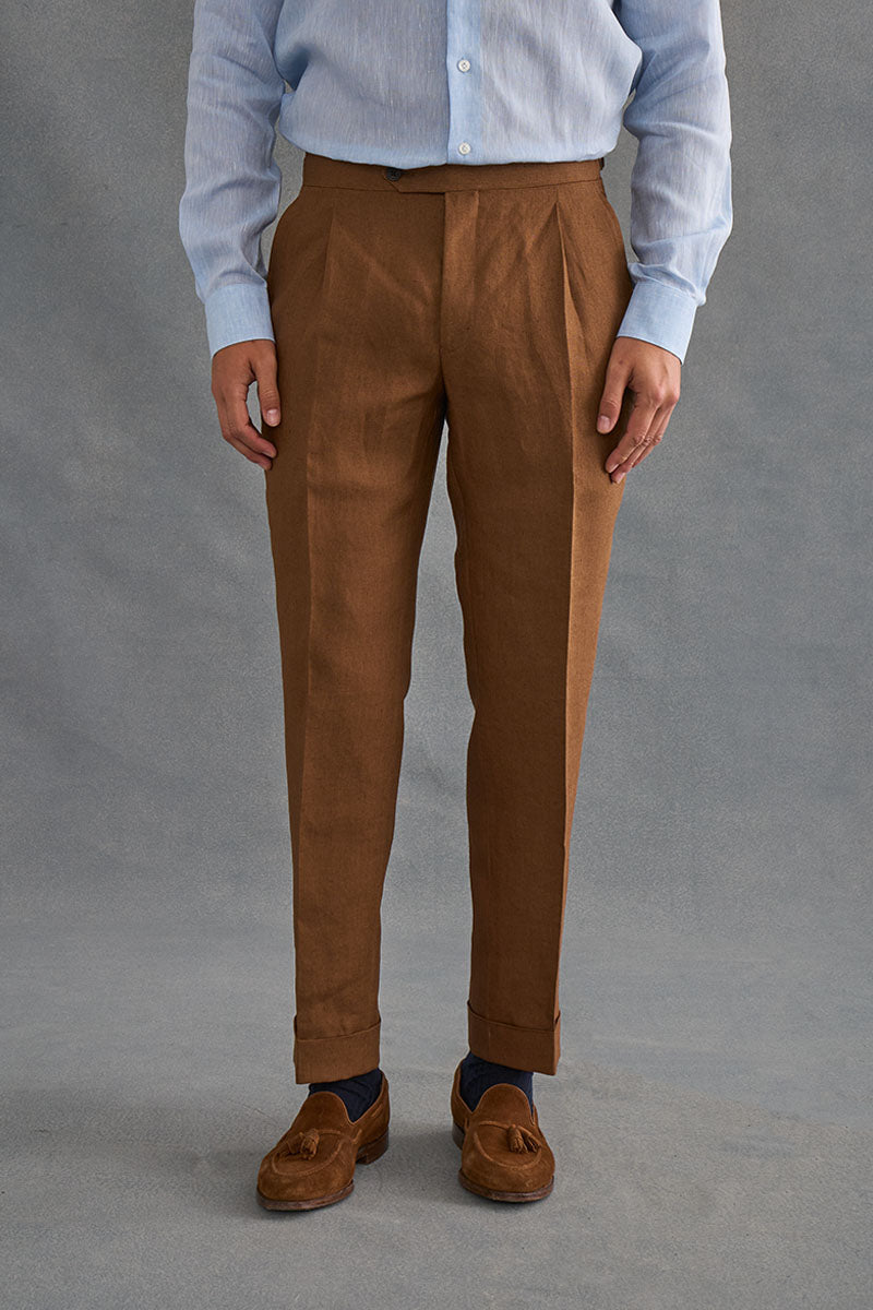 Brown Single Pleat Linen Trousers – New and Lingwood