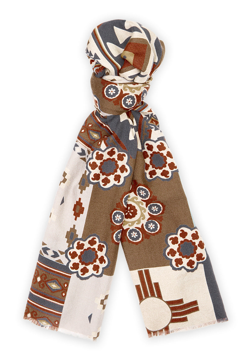 Brown & Navy Mosaic Wool & Silk Scarf