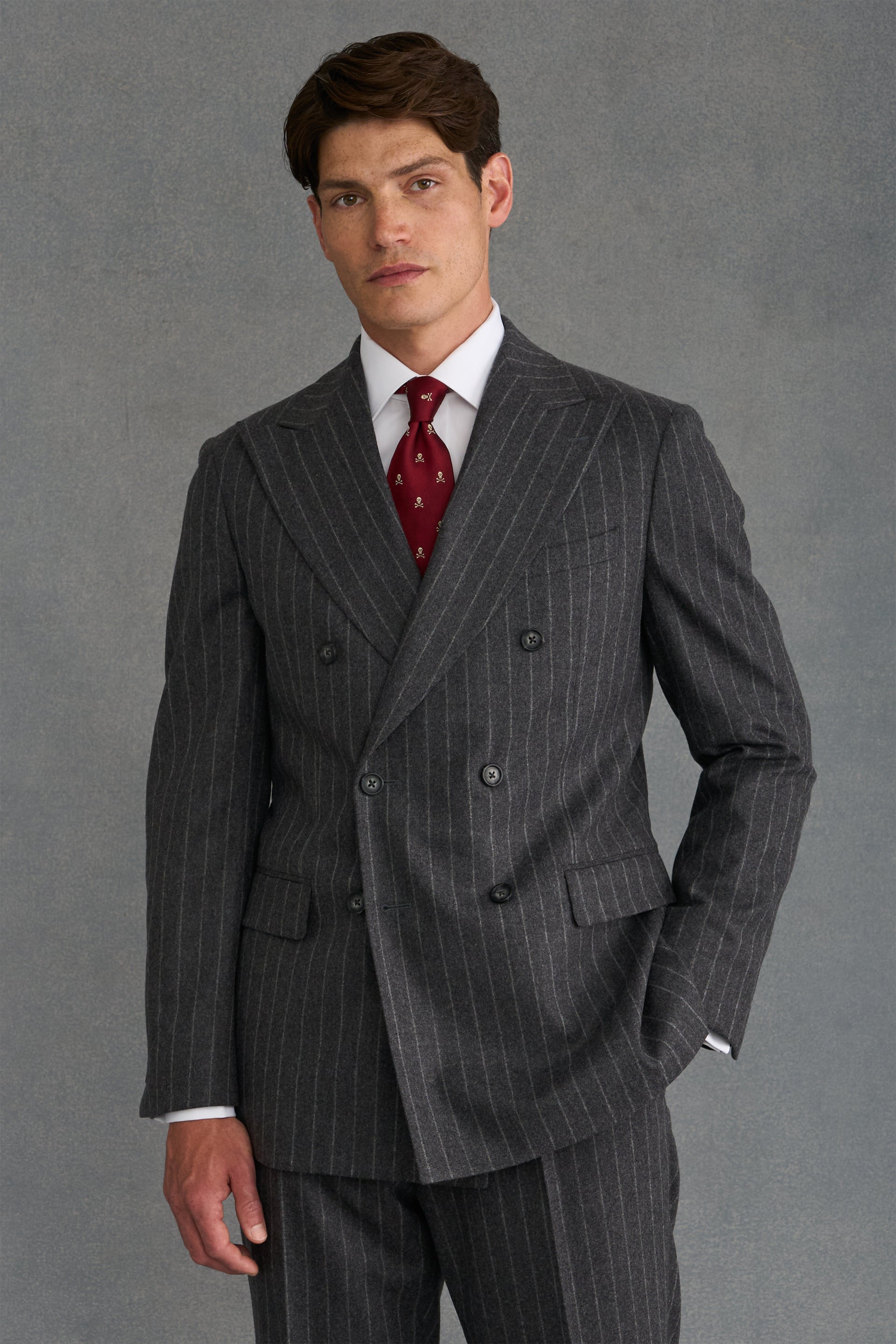 Grey Chalk Stripe Flannel Double Breasted Suit Jacket