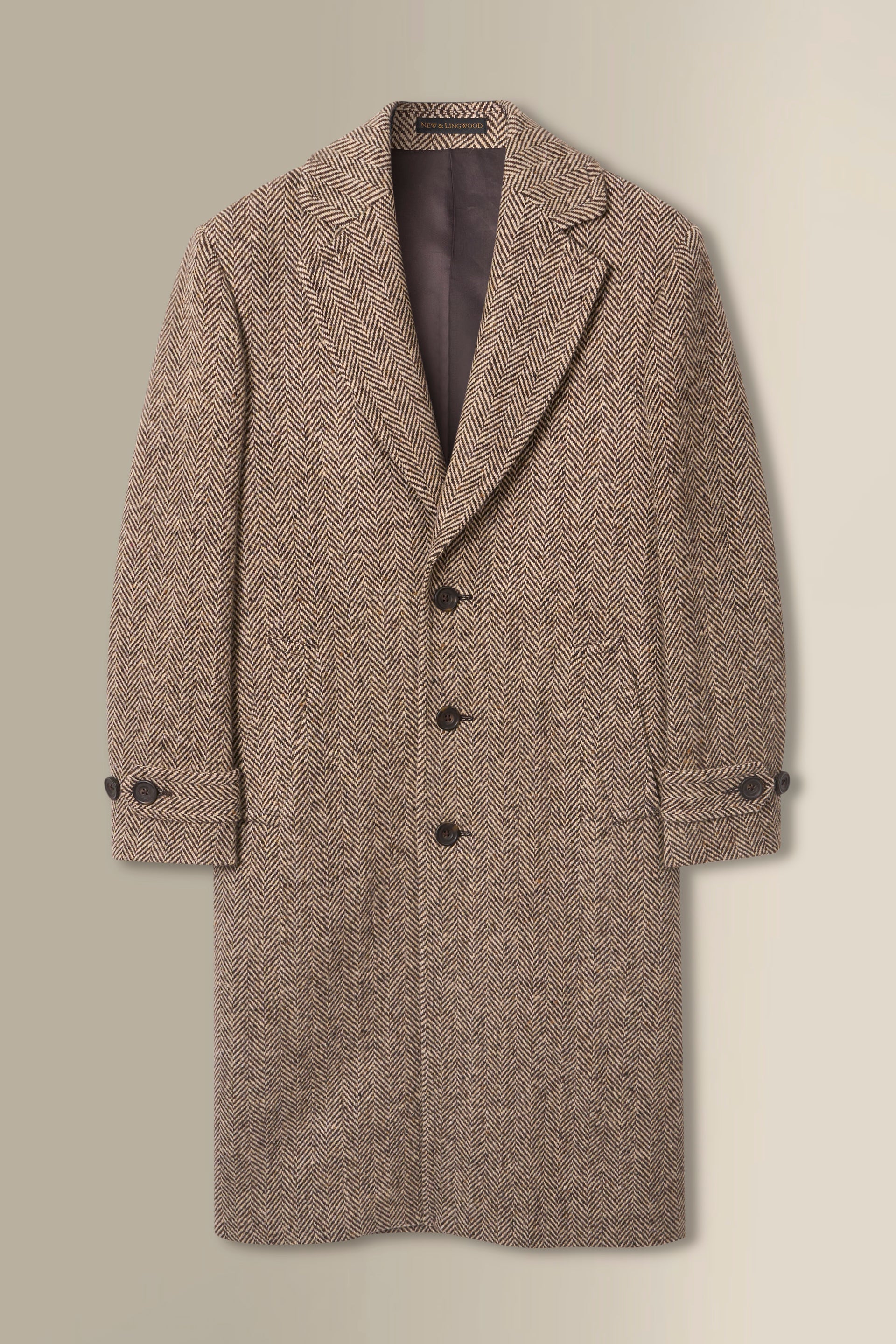 Brown & Cream Herringbone Single Breasted Wool Coat