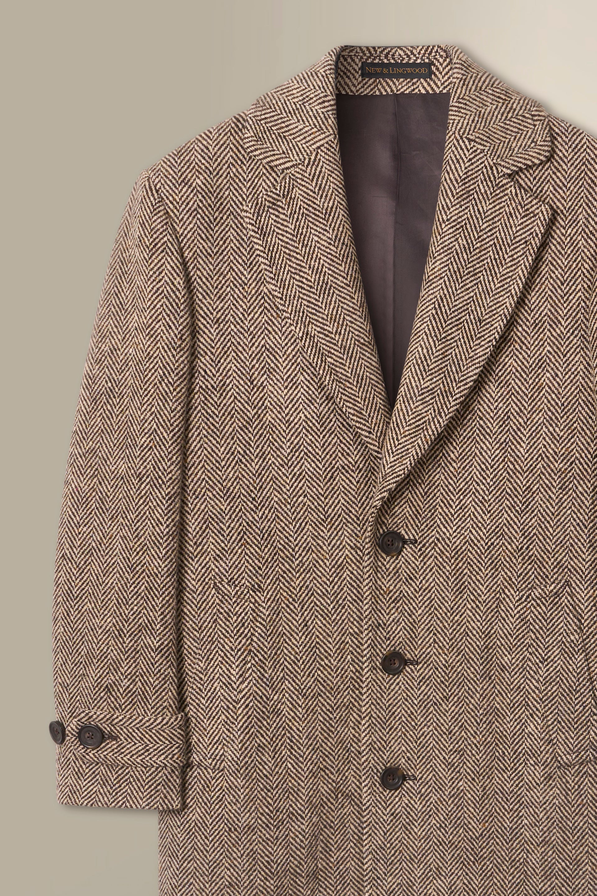 Brown & Cream Herringbone Single Breasted Wool Coat