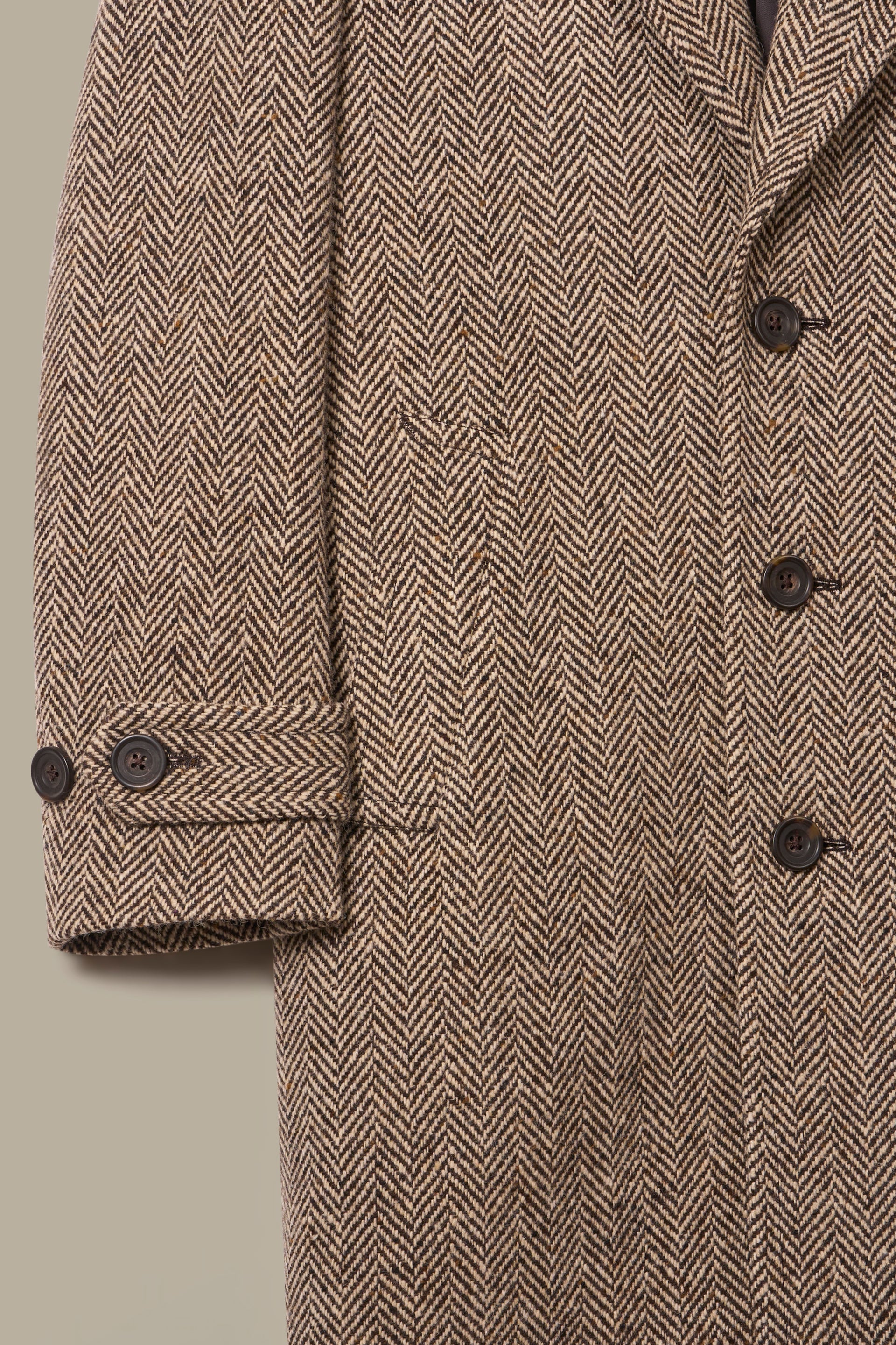 Brown & Cream Herringbone Single Breasted Wool Coat