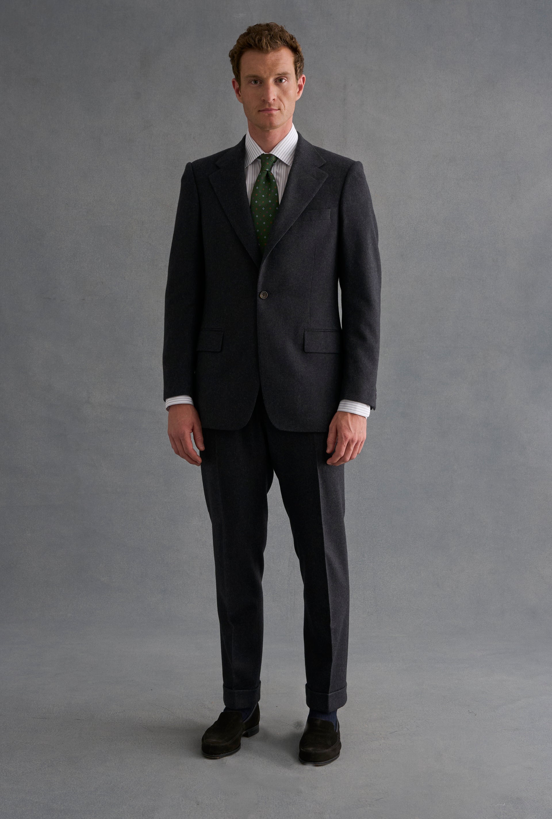 Grey Single Breasted House Cut Flannel Suit