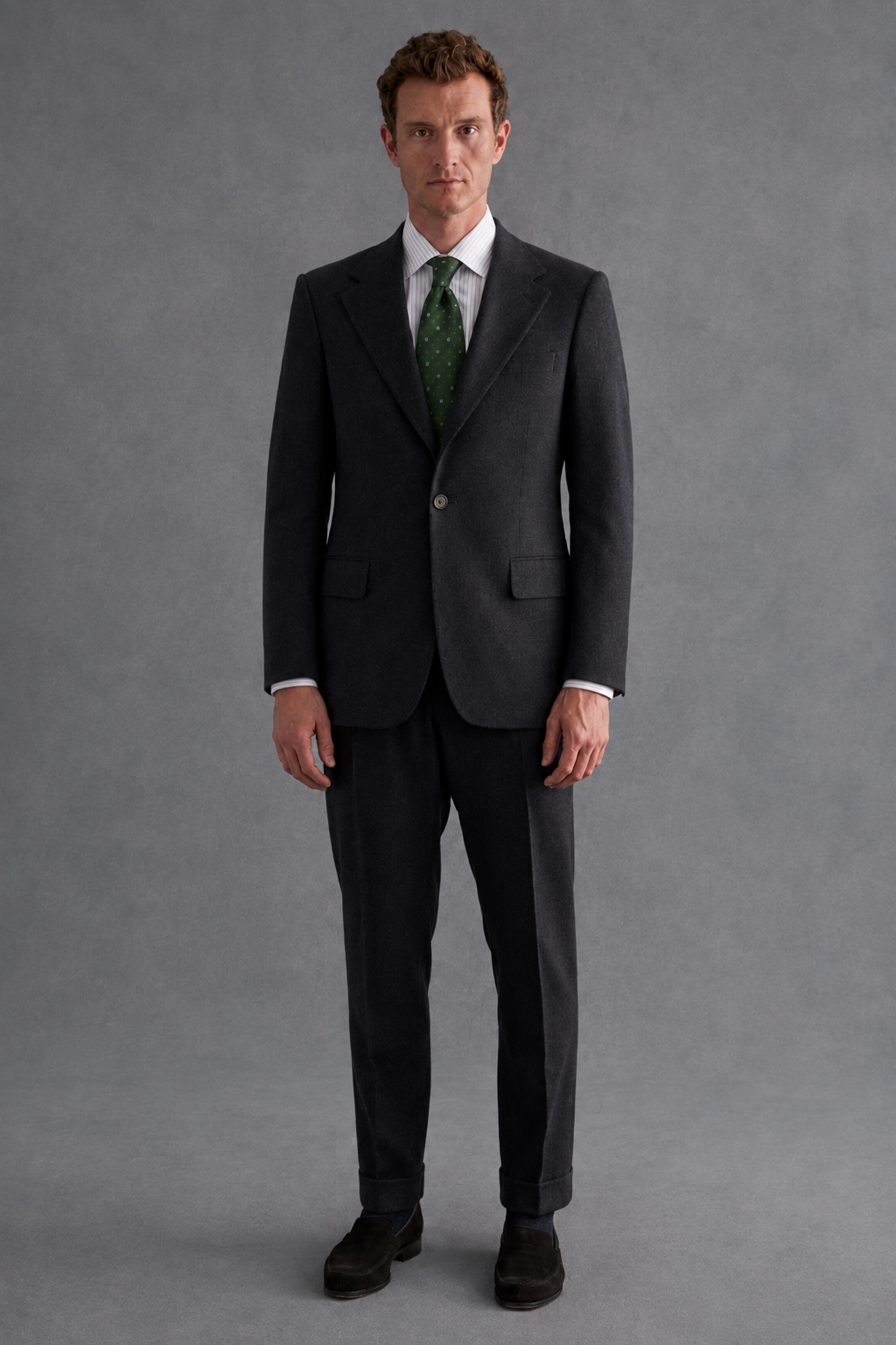 Grey Single Breasted House Cut Flannel Suit