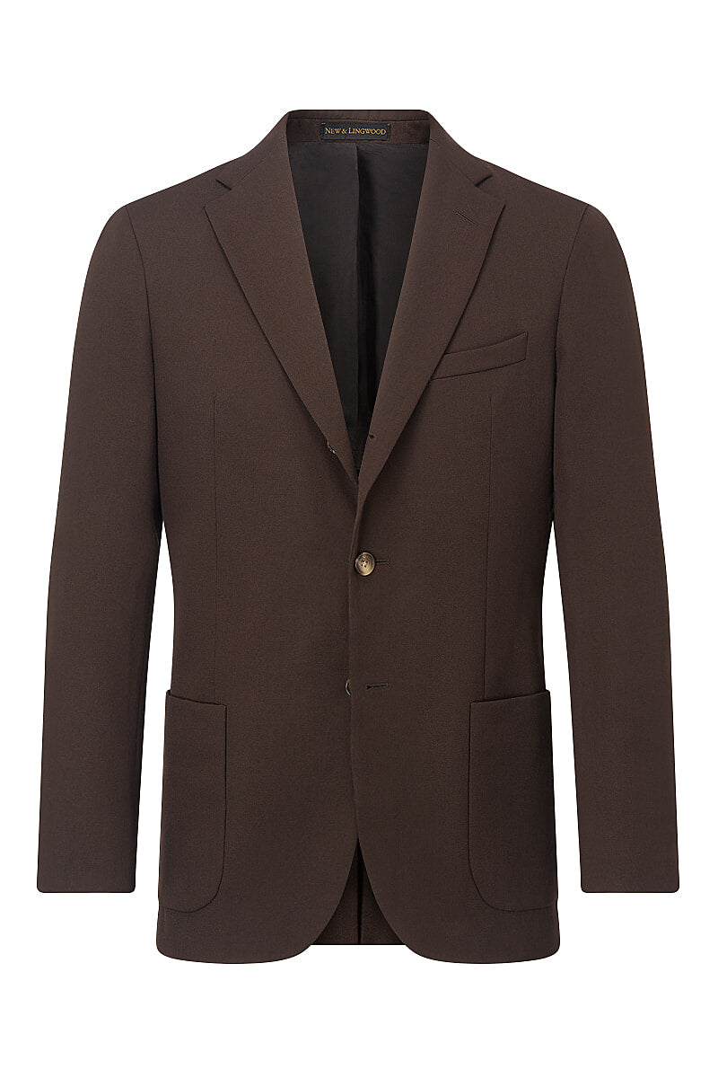 A brown wool gabardine single-breasted jacket with three buttons and patch pockets.