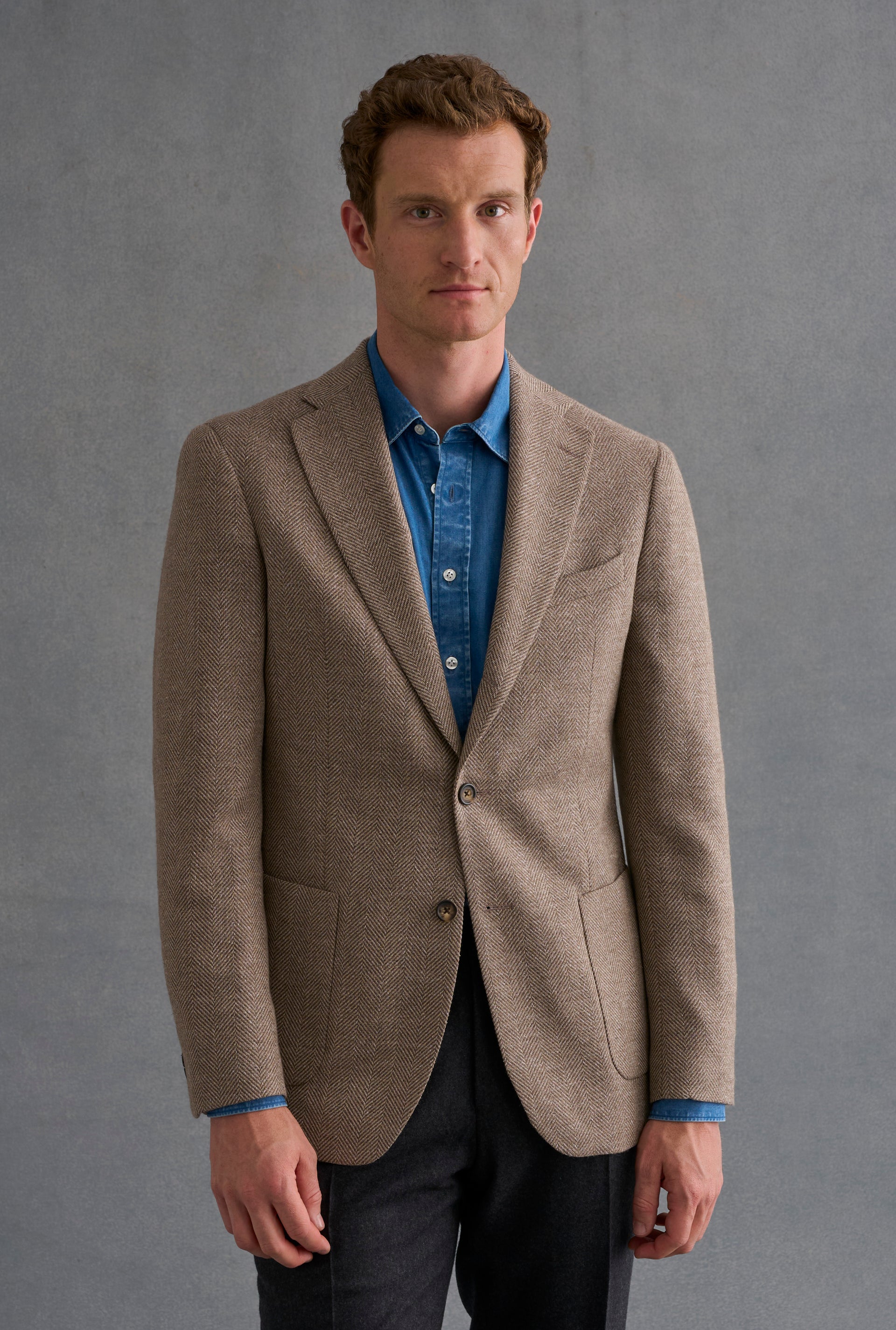 Tan Herringbone Single Breasted Wool & Alpaca Blazer