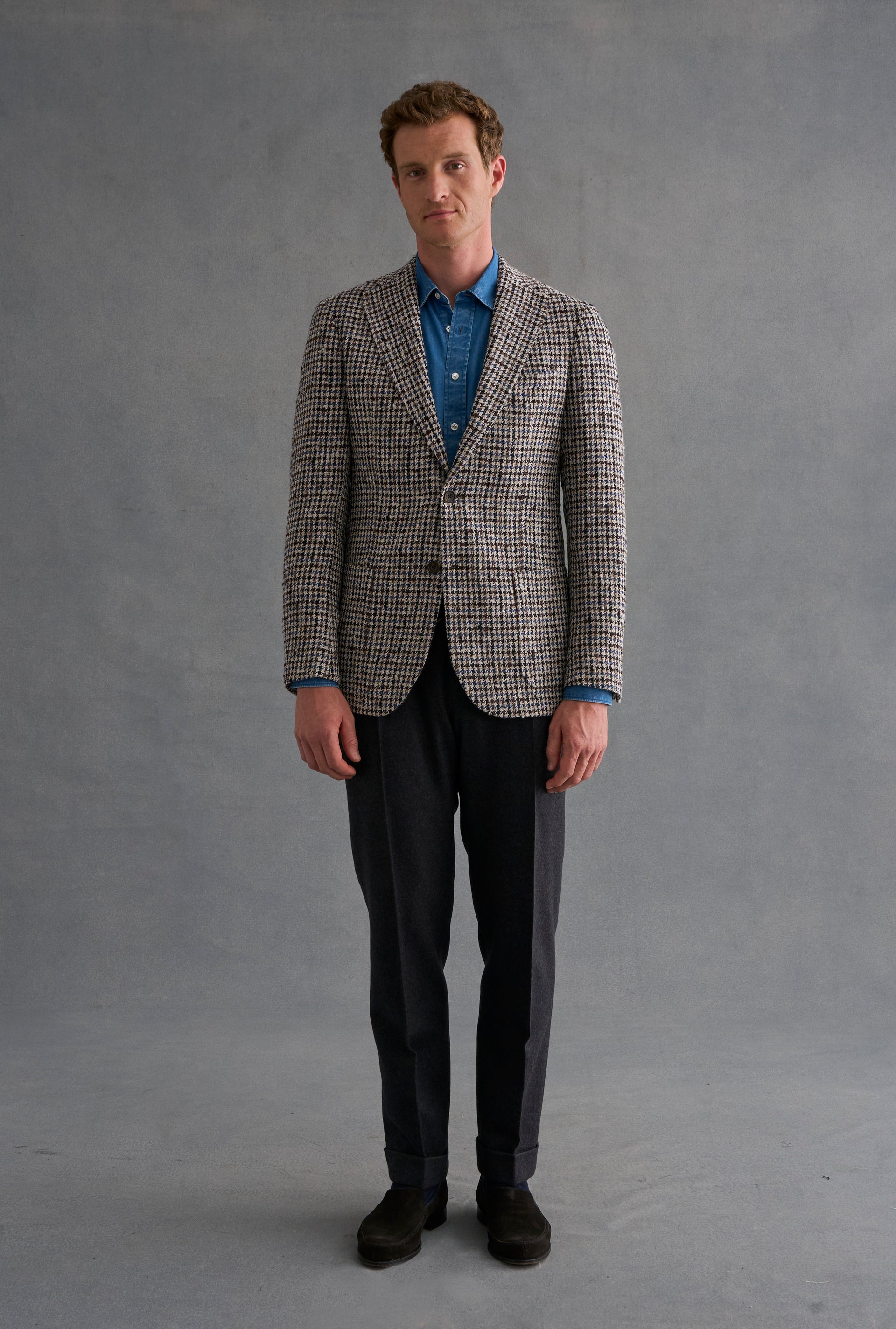 Cream & Teal Houndstooth Wool & Alpaca Blazer