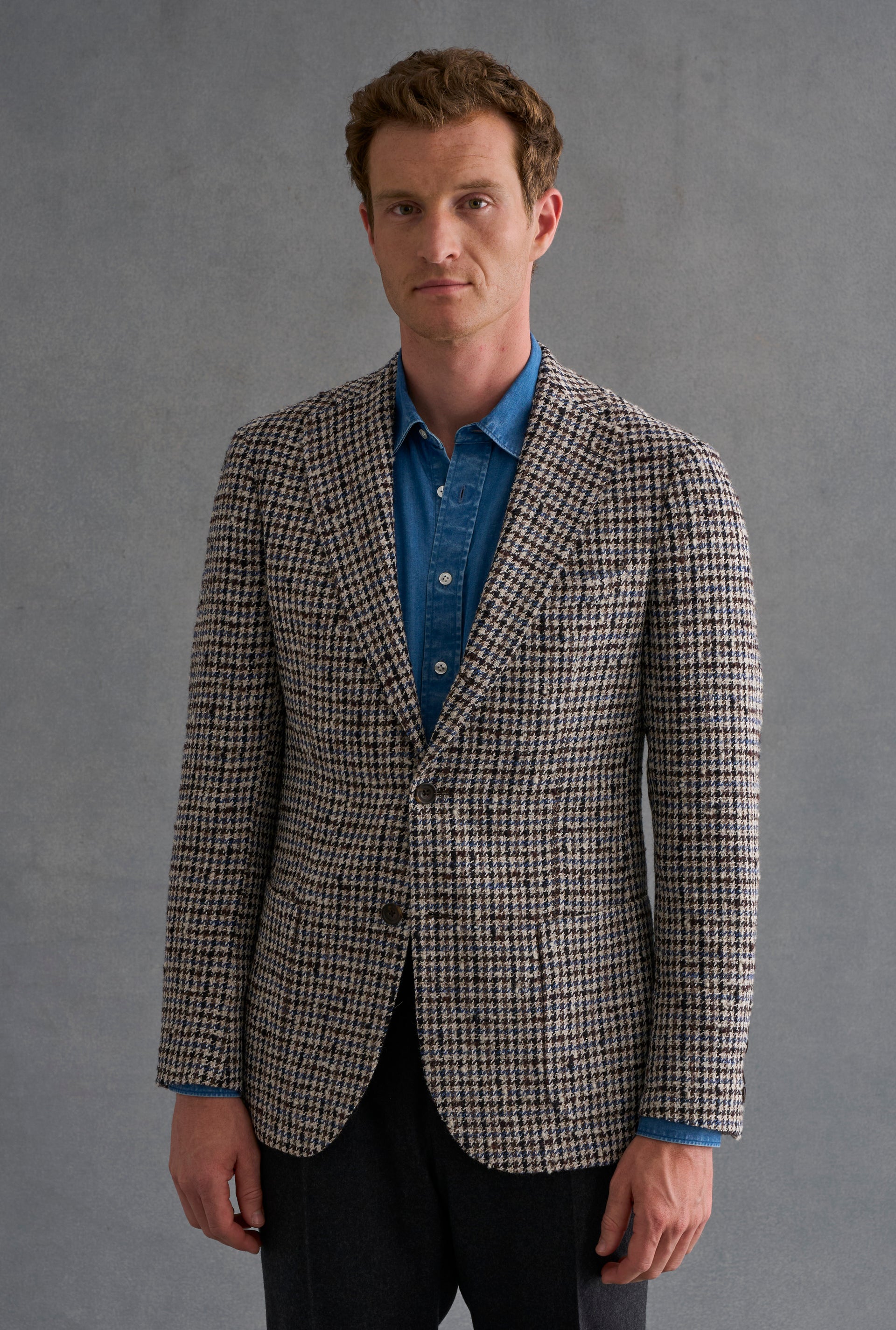 Cream & Teal Houndstooth Wool & Alpaca Blazer