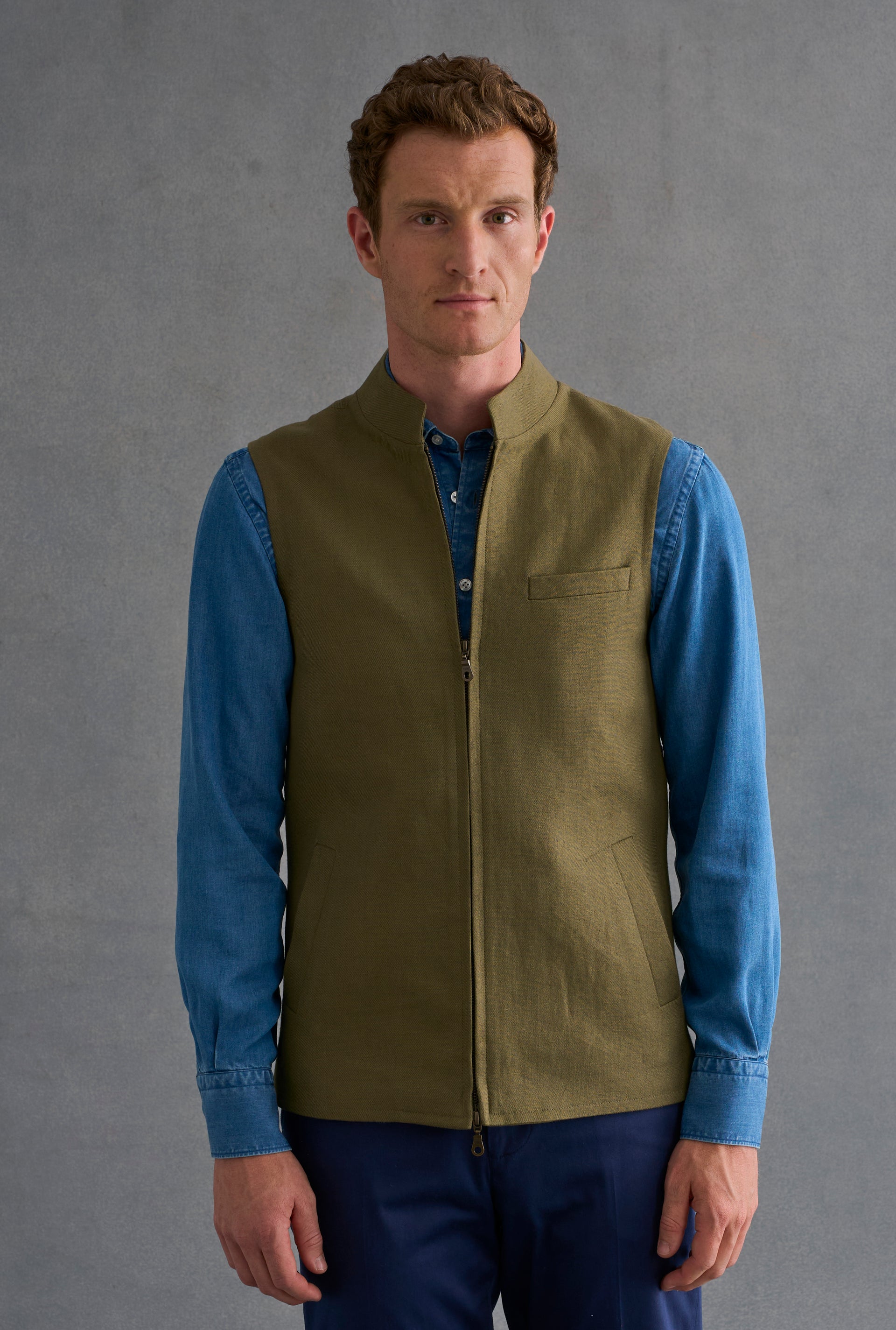 Green Linen Twill Gilet