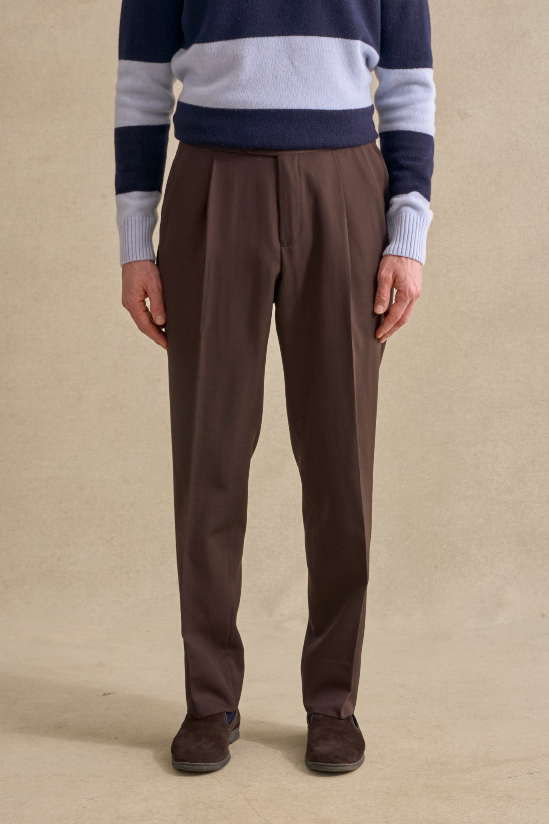 Brown Single Pleat Gabardine Trousers