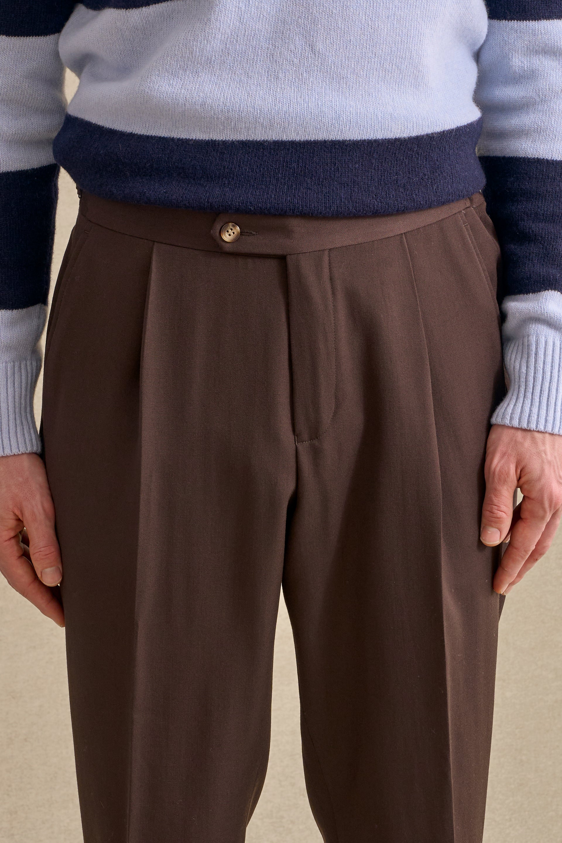 Brown Single Pleat Gabardine Trousers