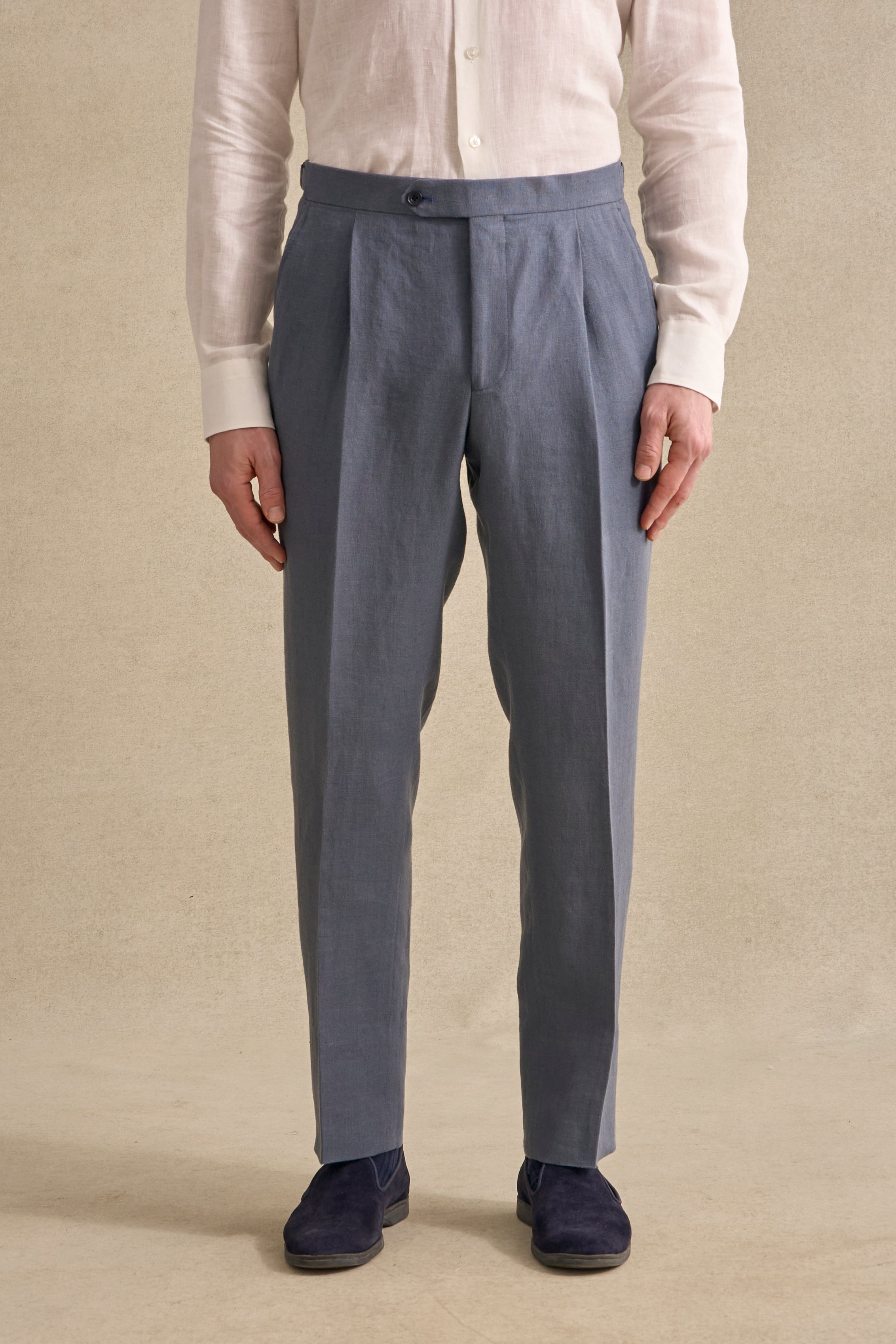 Blue Single Pleat Linen Trousers