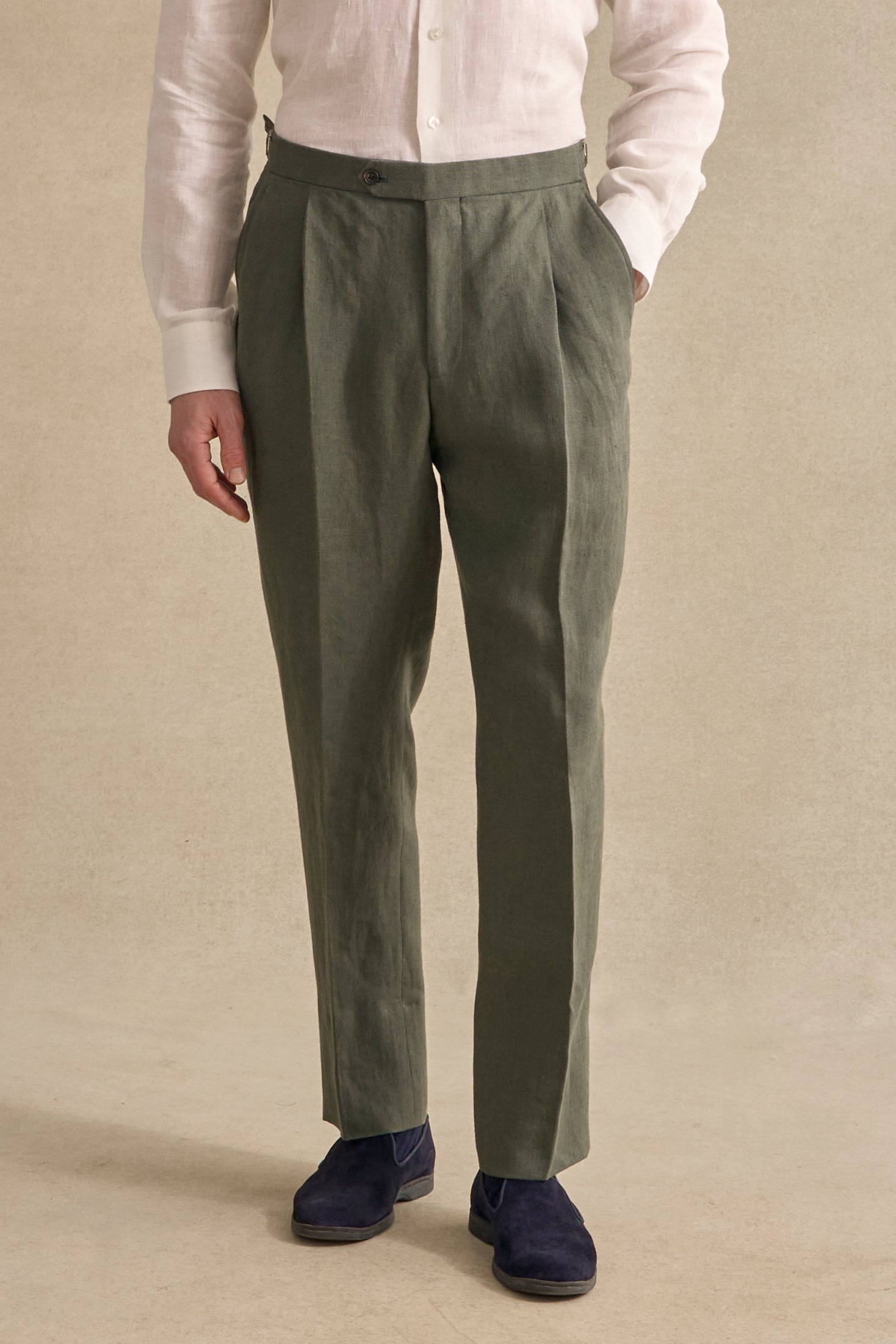 Green Single Pleat Linen Trousers