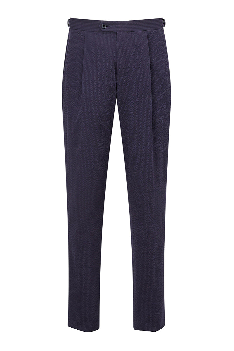 Navy Seersucker Single Pleat Trousers