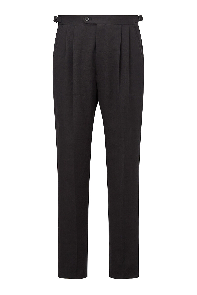 Black Single Pleat Linen Trousers