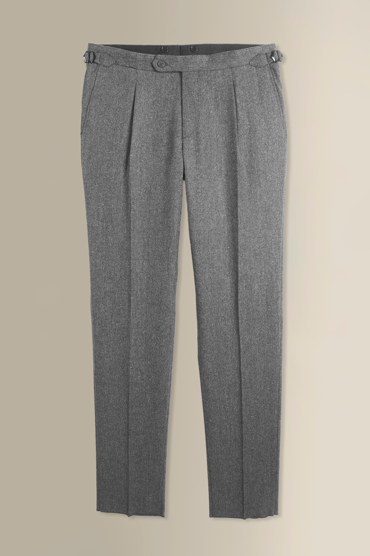 Grey Herringbone Single Pleat Wool & Cashmere Trousers
