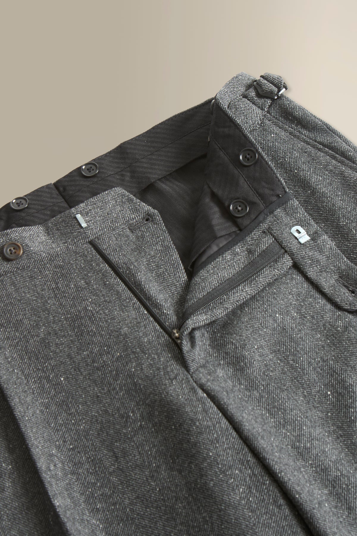 Grey Herringbone Single Pleat Wool & Cashmere Trousers