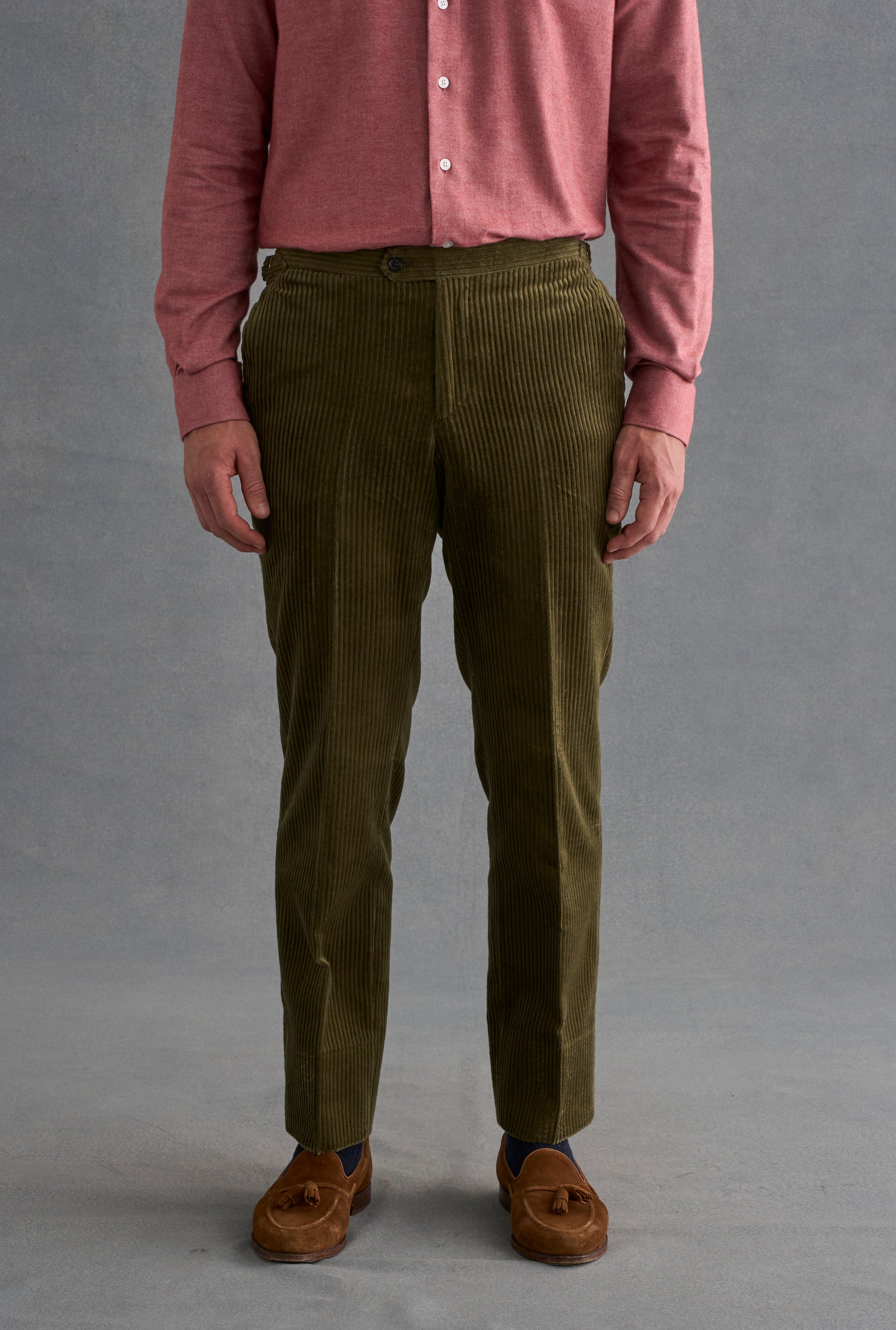 Green Flat Front 5 Wale Corduroy Trousers