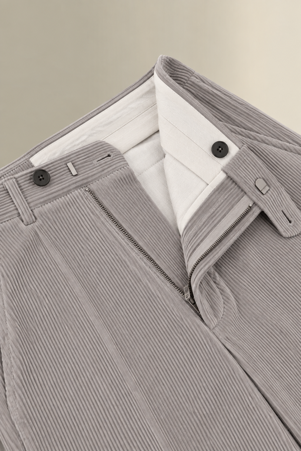 Grey Flat Front 9 Wale Corduroy Trousers