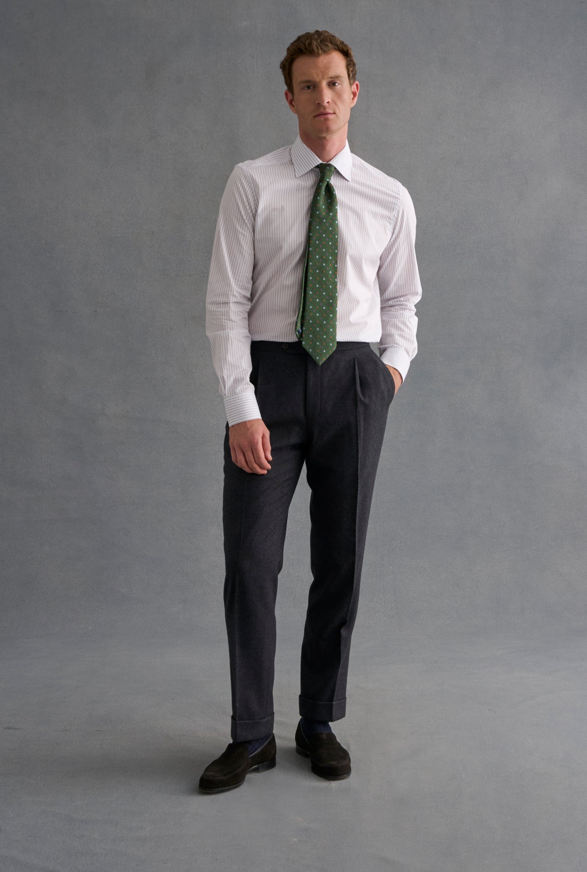 Grey Single Pleat Flannel Trousers