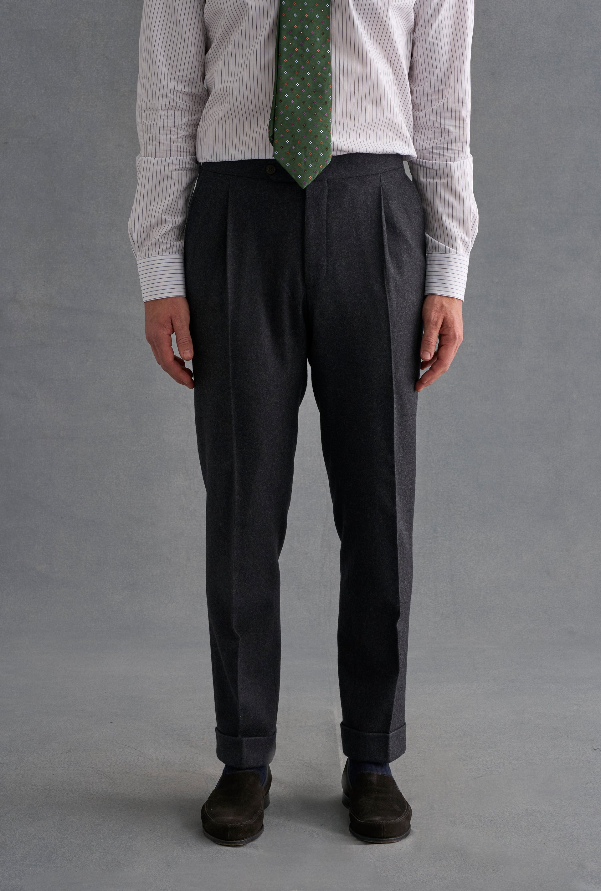 Grey Single Pleat Flannel Trousers