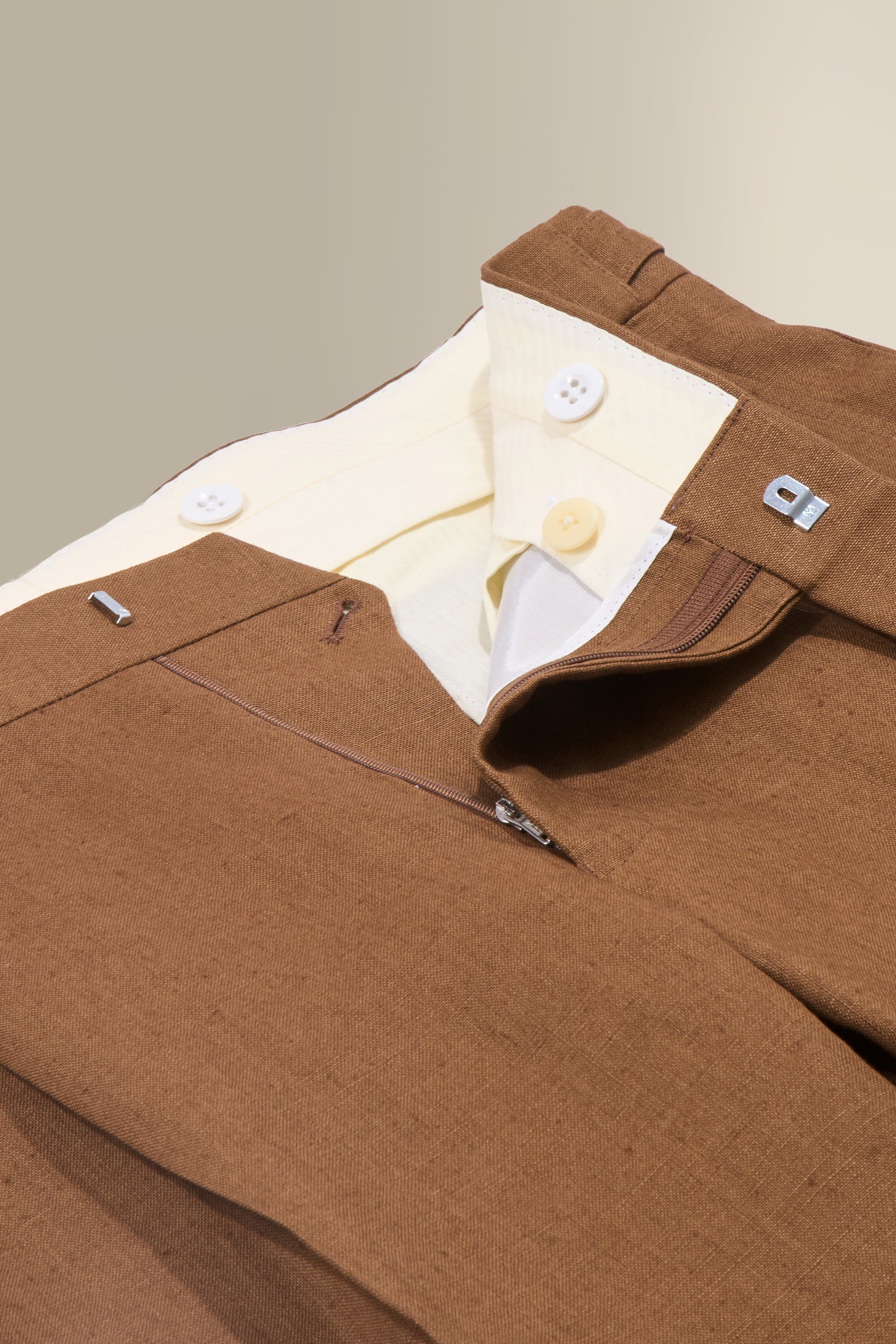 Brown Single Pleat Linen Trousers