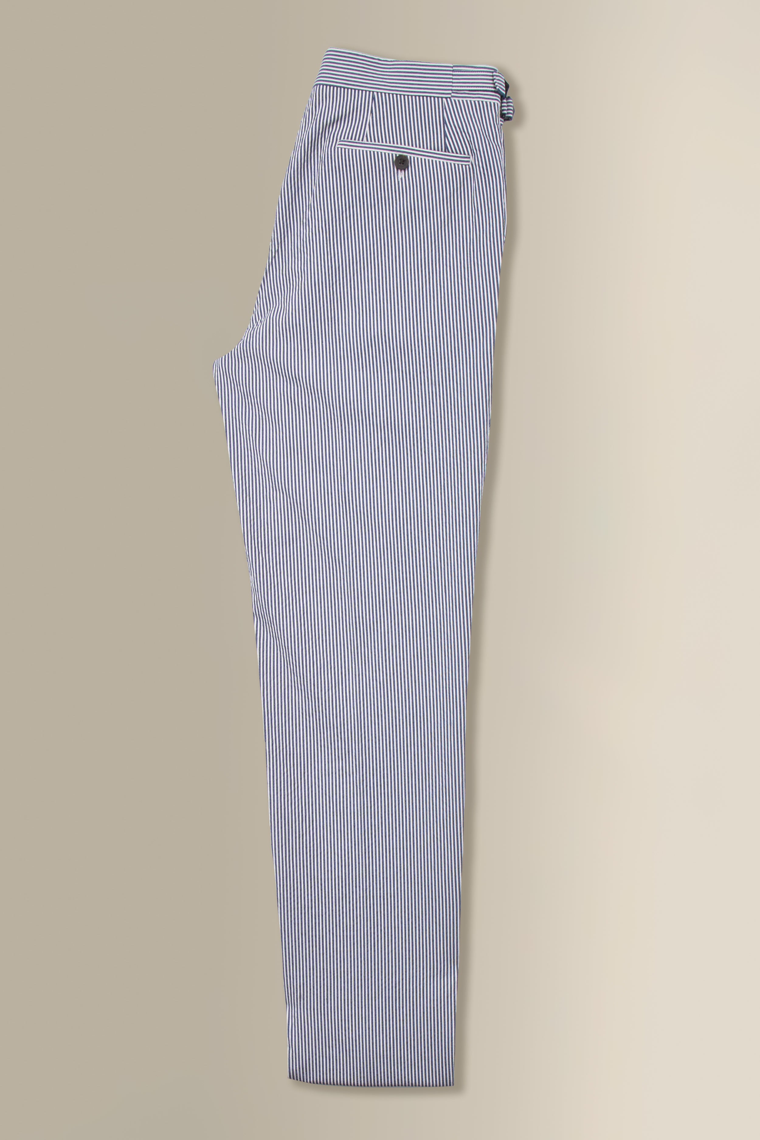Navy & White Stripe Single Pleat Seersucker Trousers – New and