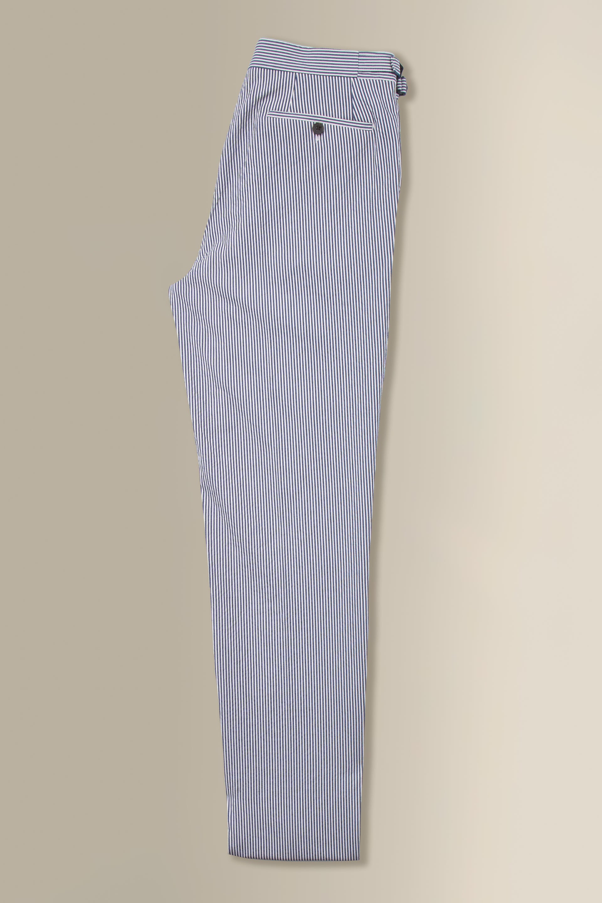 Navy & White Stripe Single Pleat Seersucker Trousers