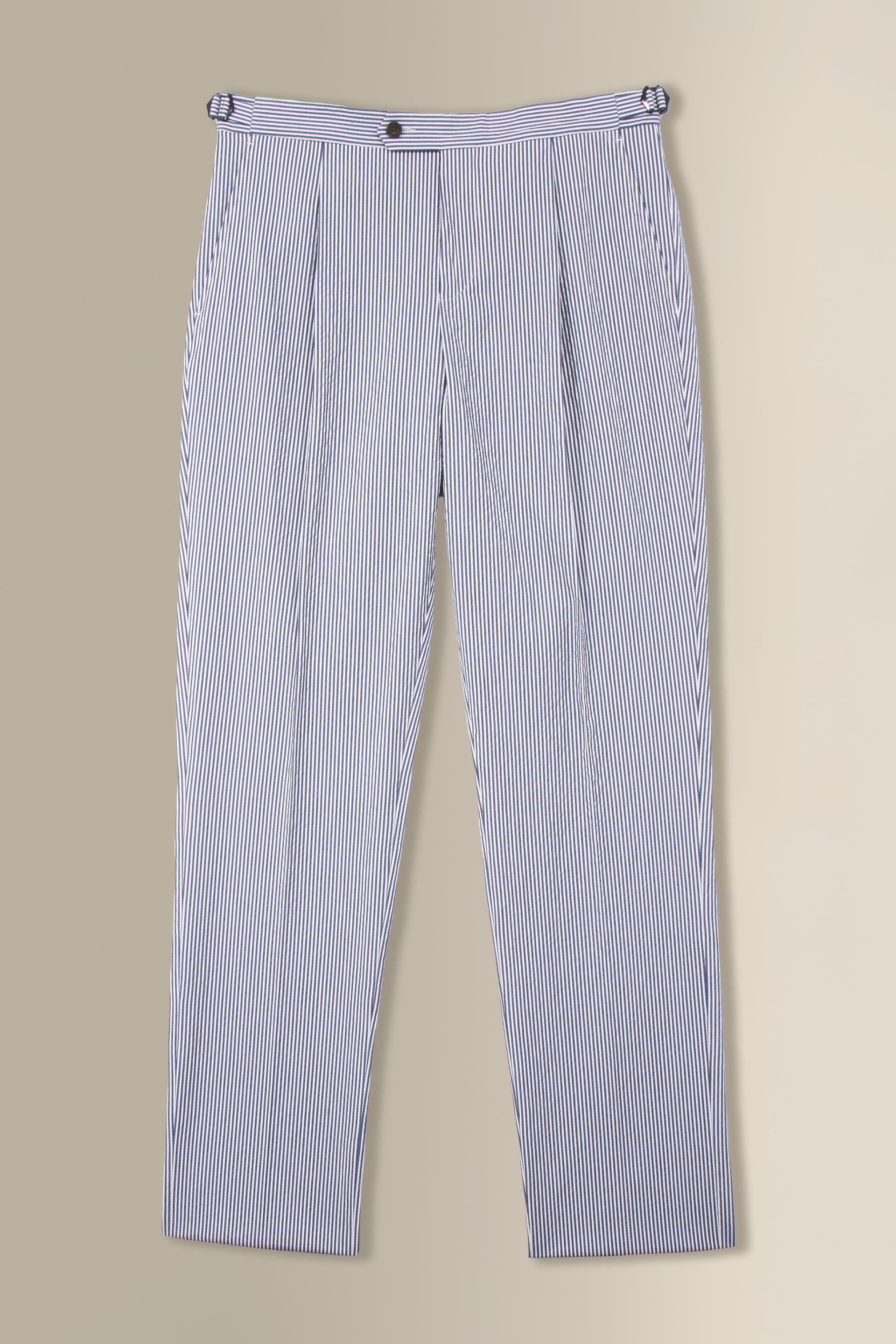 Navy & White Stripe Single Pleat Seersucker Trousers