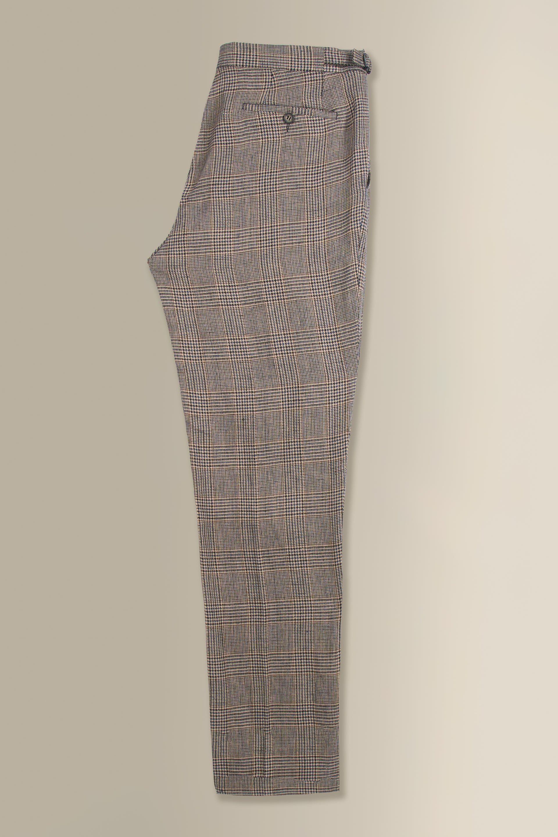 Brown & Blue Glen Check Single Pleat Linen Trousers