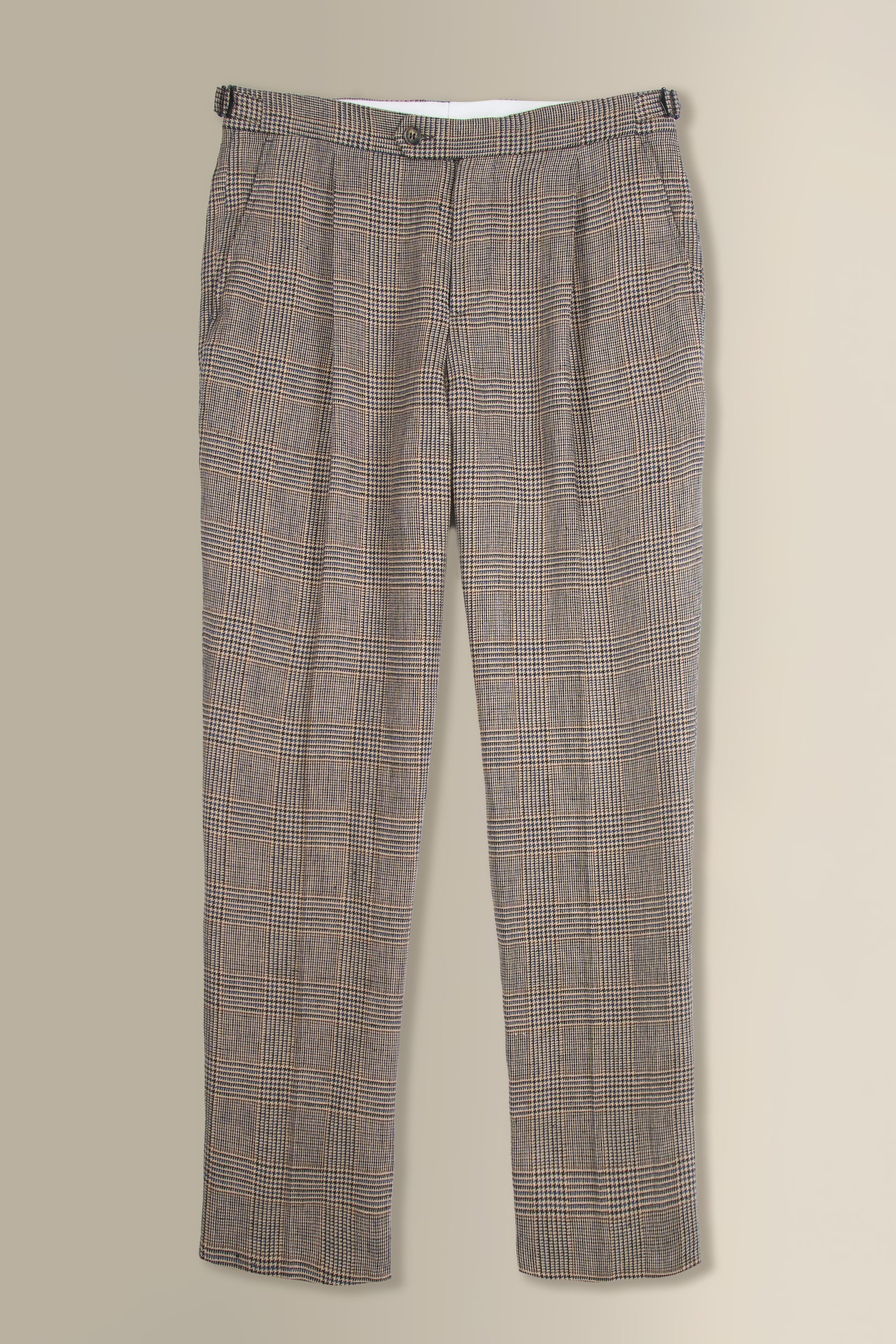 Brown & Blue Prince of Wales Check Single Pleat Linen Trousers