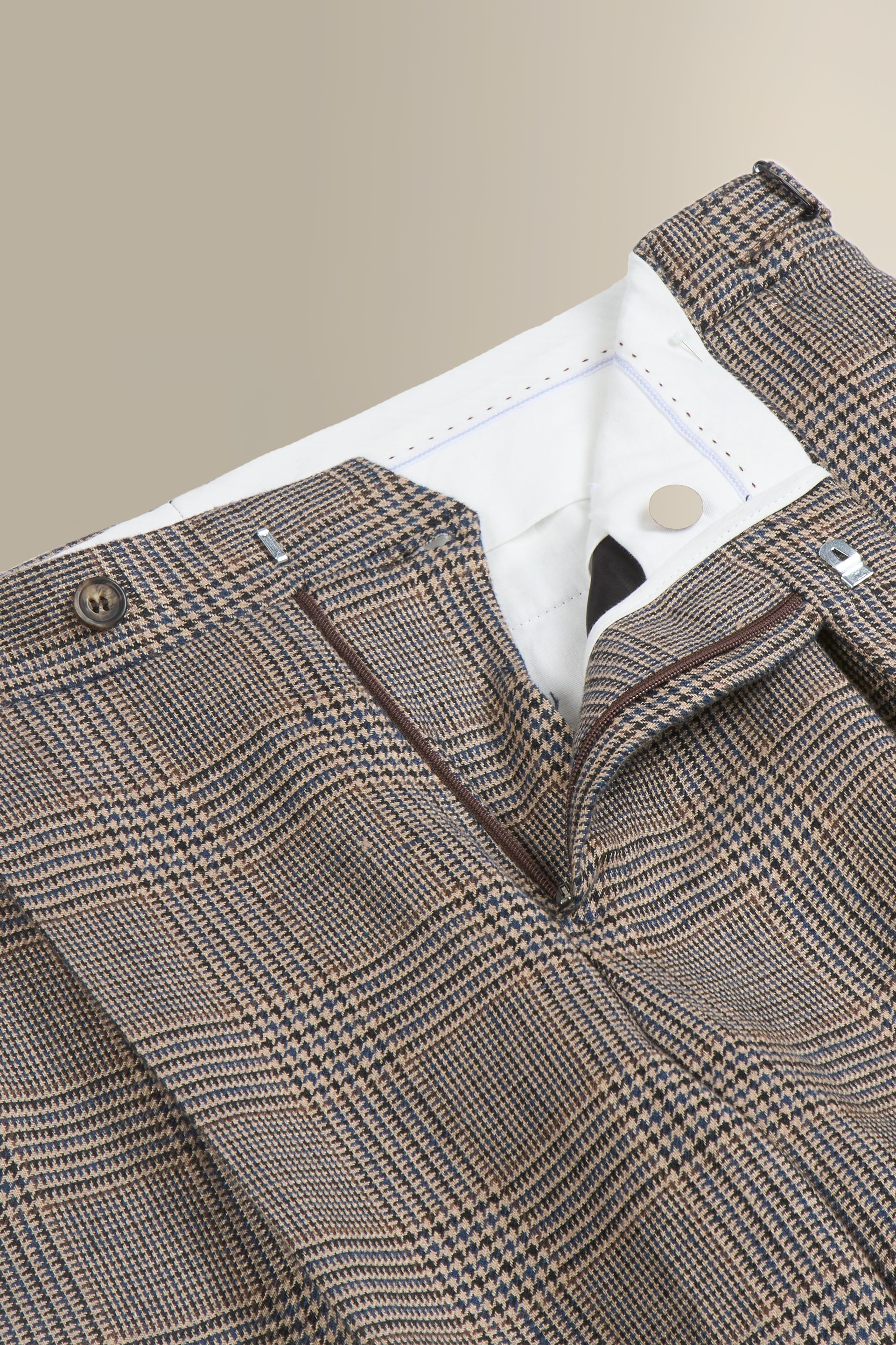 Brown & Blue Glen Check Single Pleat Linen Trousers