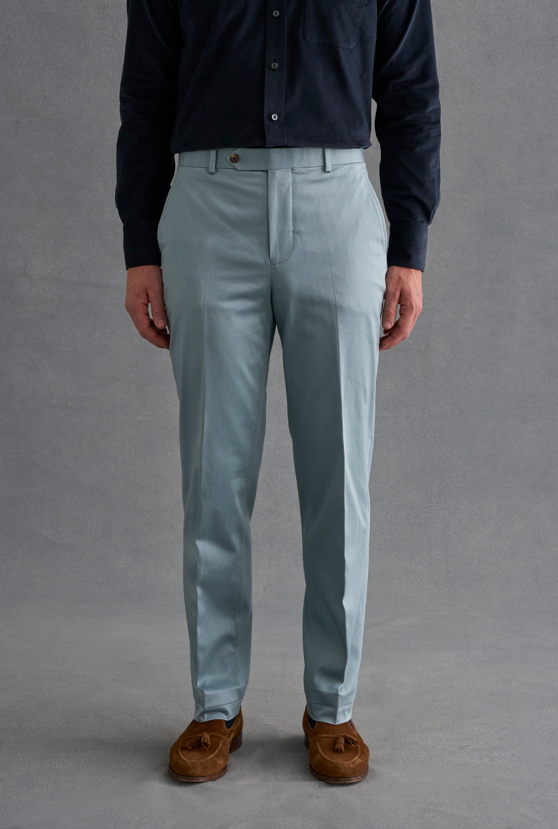 Light Blue Flat Front Garment Washed Chinos