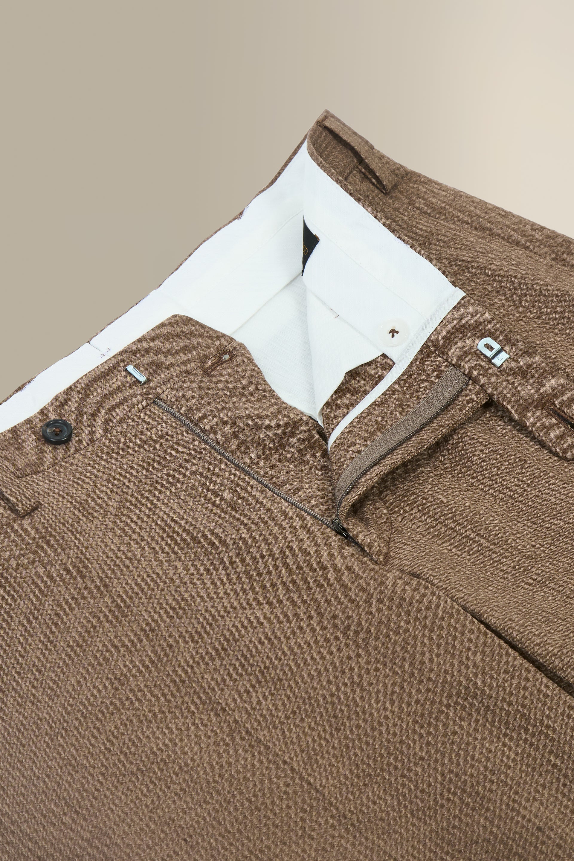 Brown Flat Front Seersucker Trousers