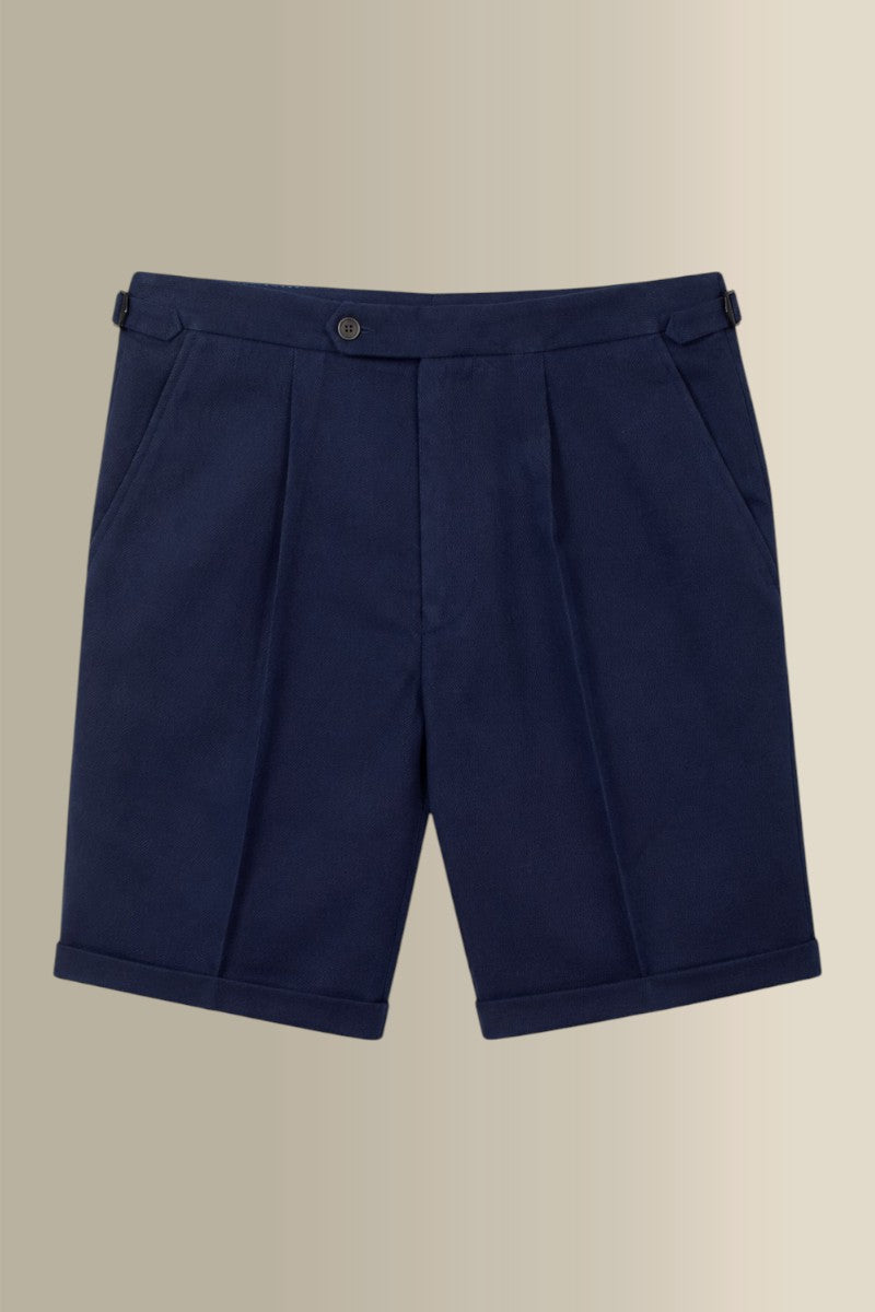 Navy Single Pleat Twill Linen Shorts